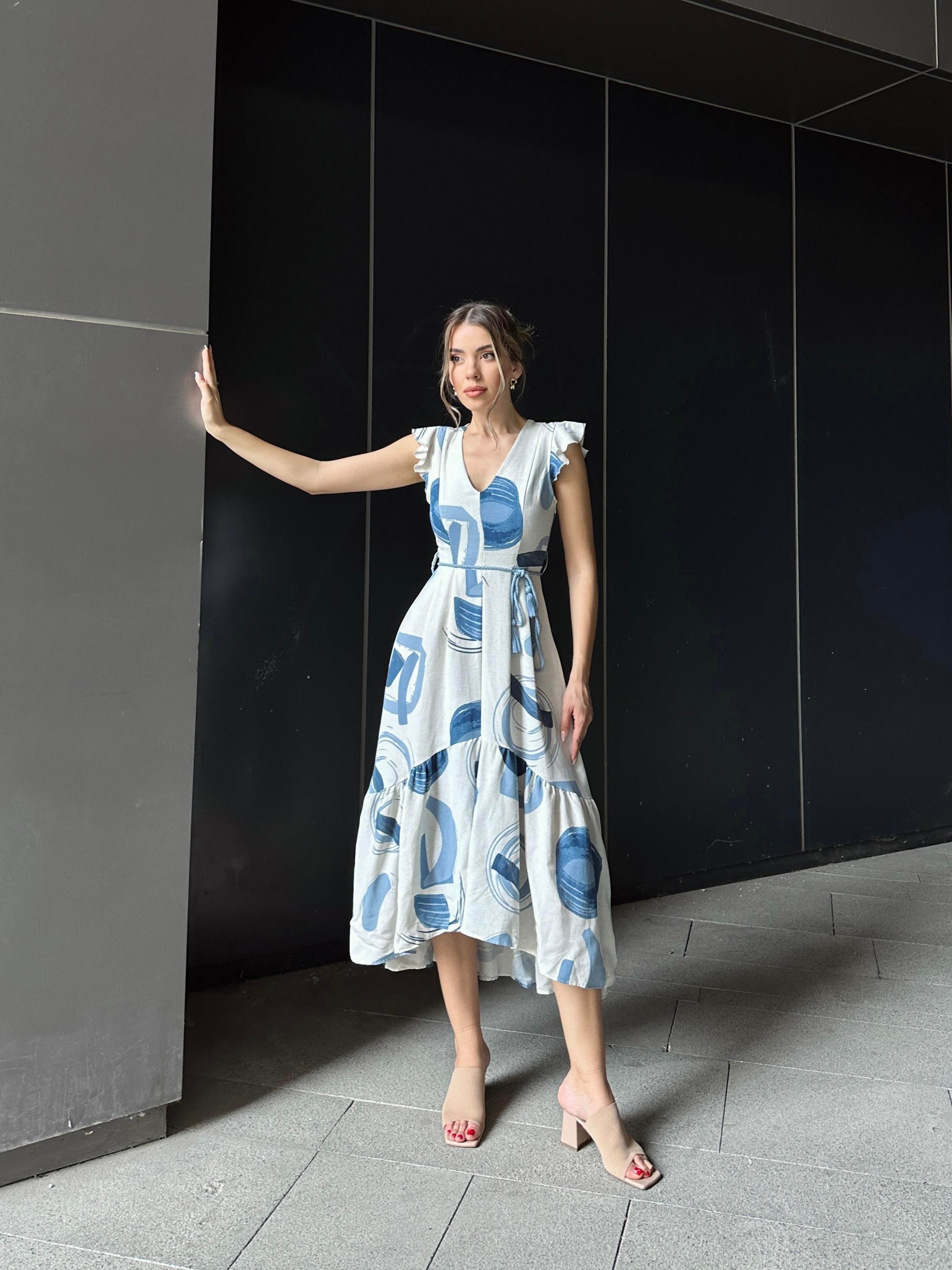 Asimetrik Volanlı Keten Elbise Mavi