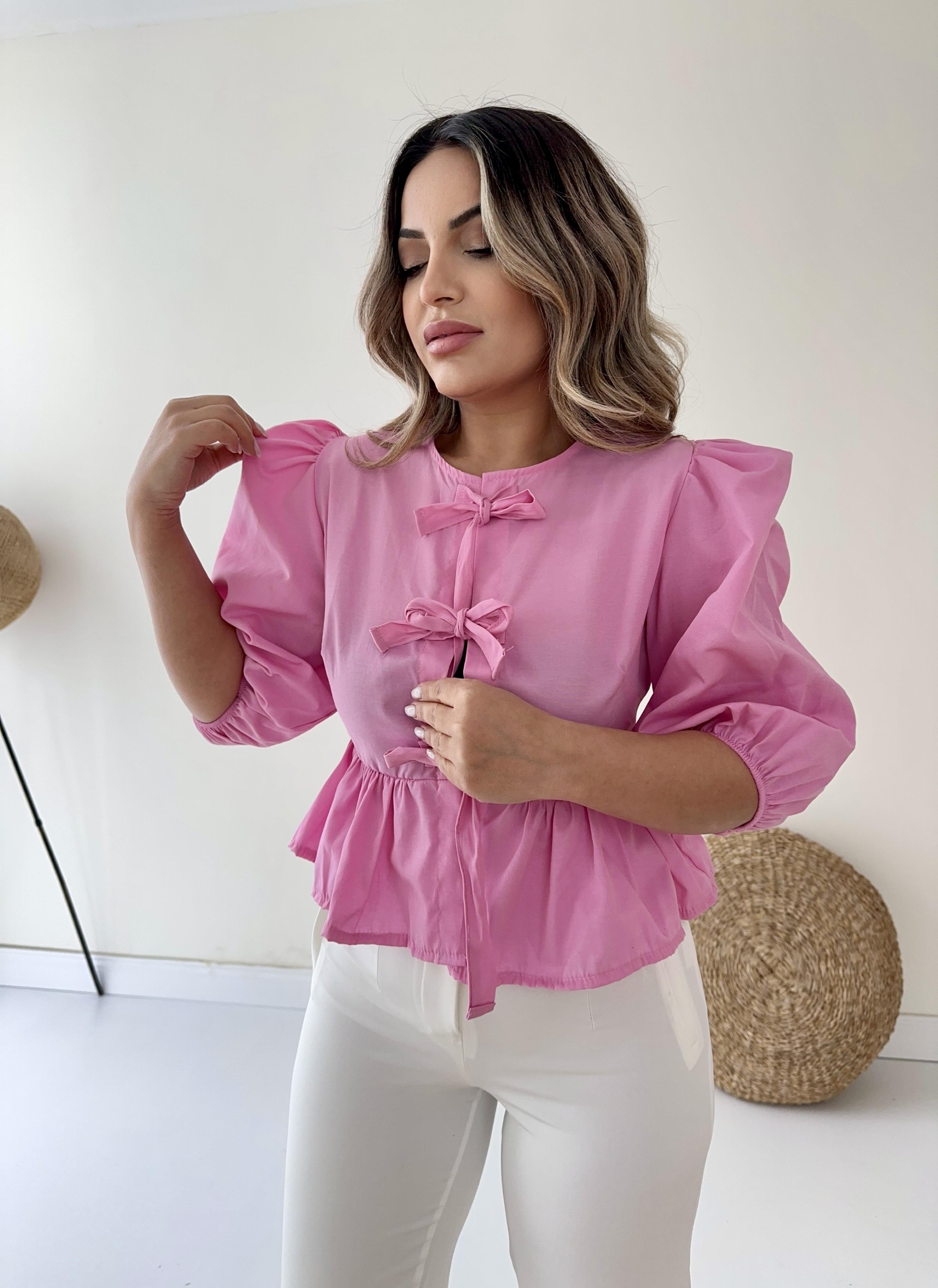 Bağlama Detaylı Poplin Gömlek Pembe