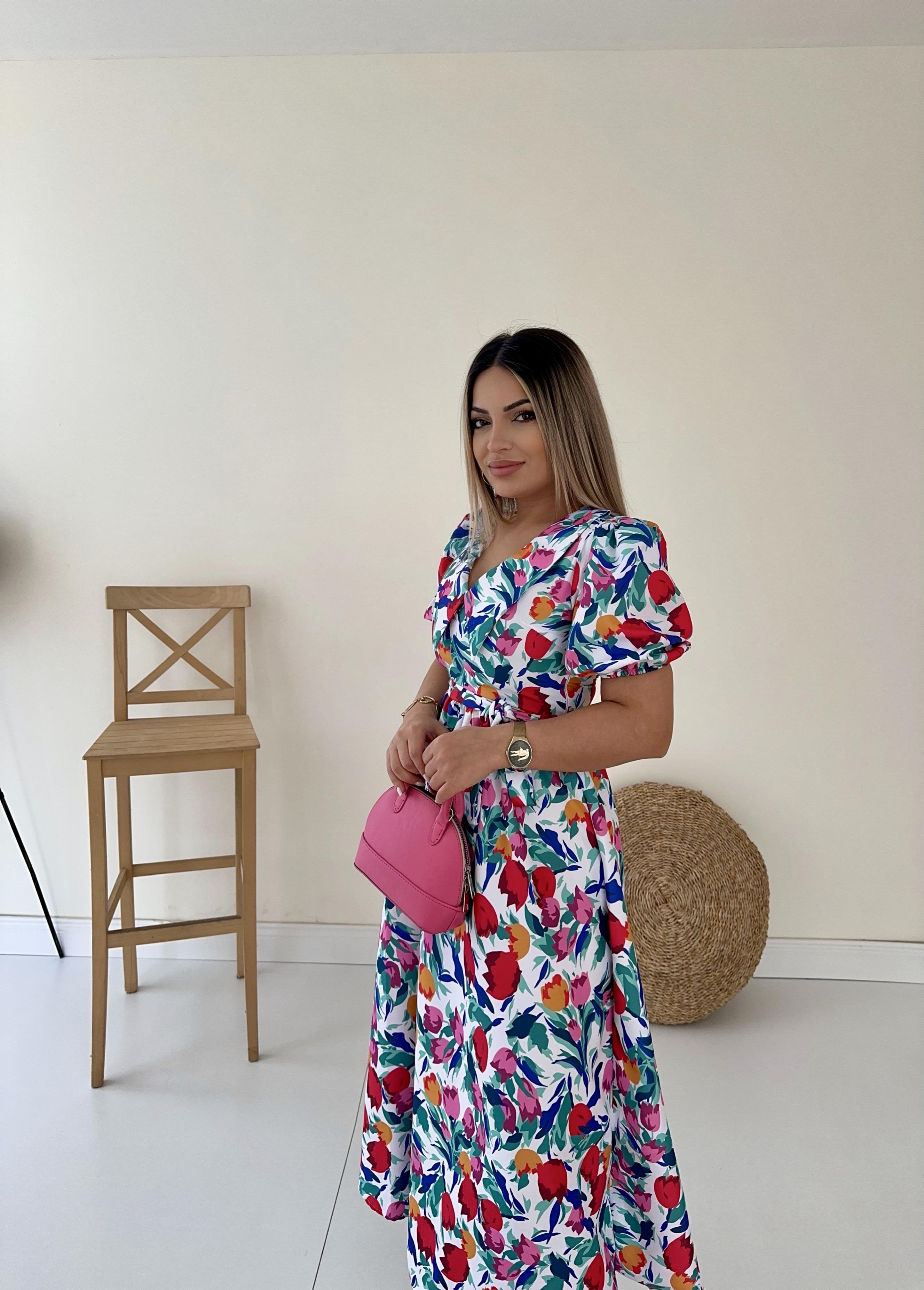 Bebe Yaka Midi Çiçekli Poplin Elbise Ekru