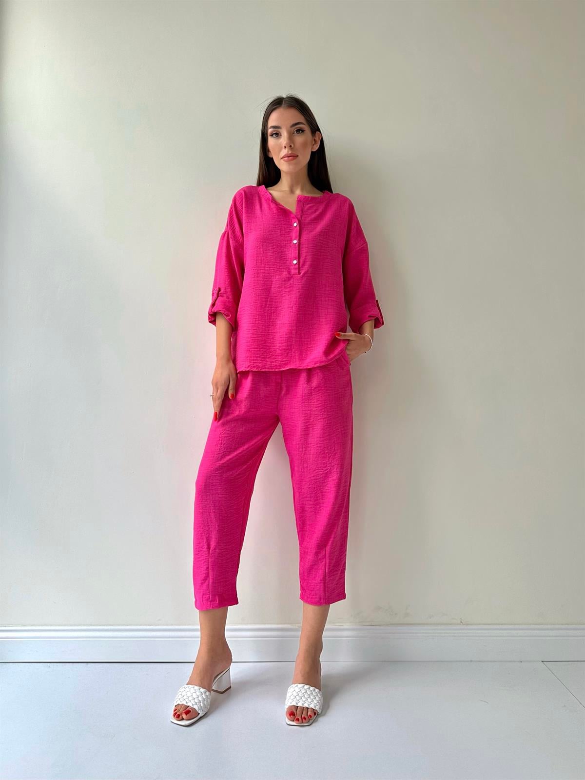 Belis Önü Düğmeli Keten İkili Takım Pembe