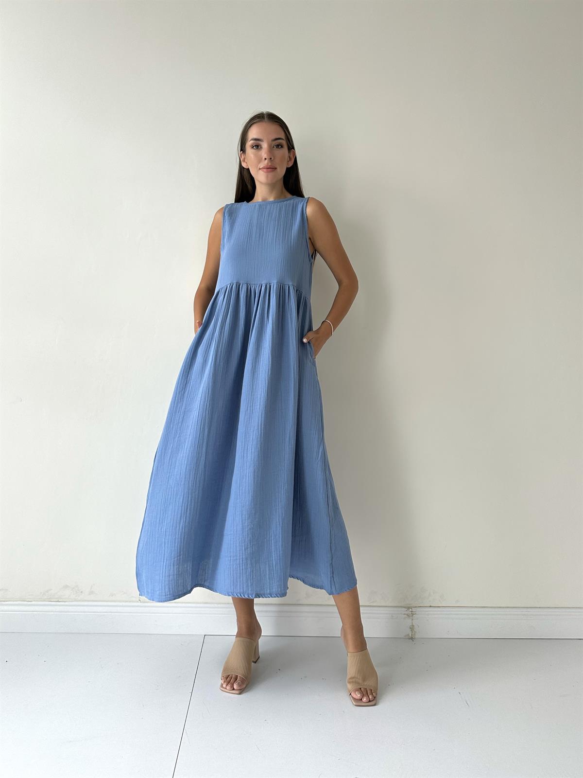 Cepli Müslin Maxi Elbise Mavi
