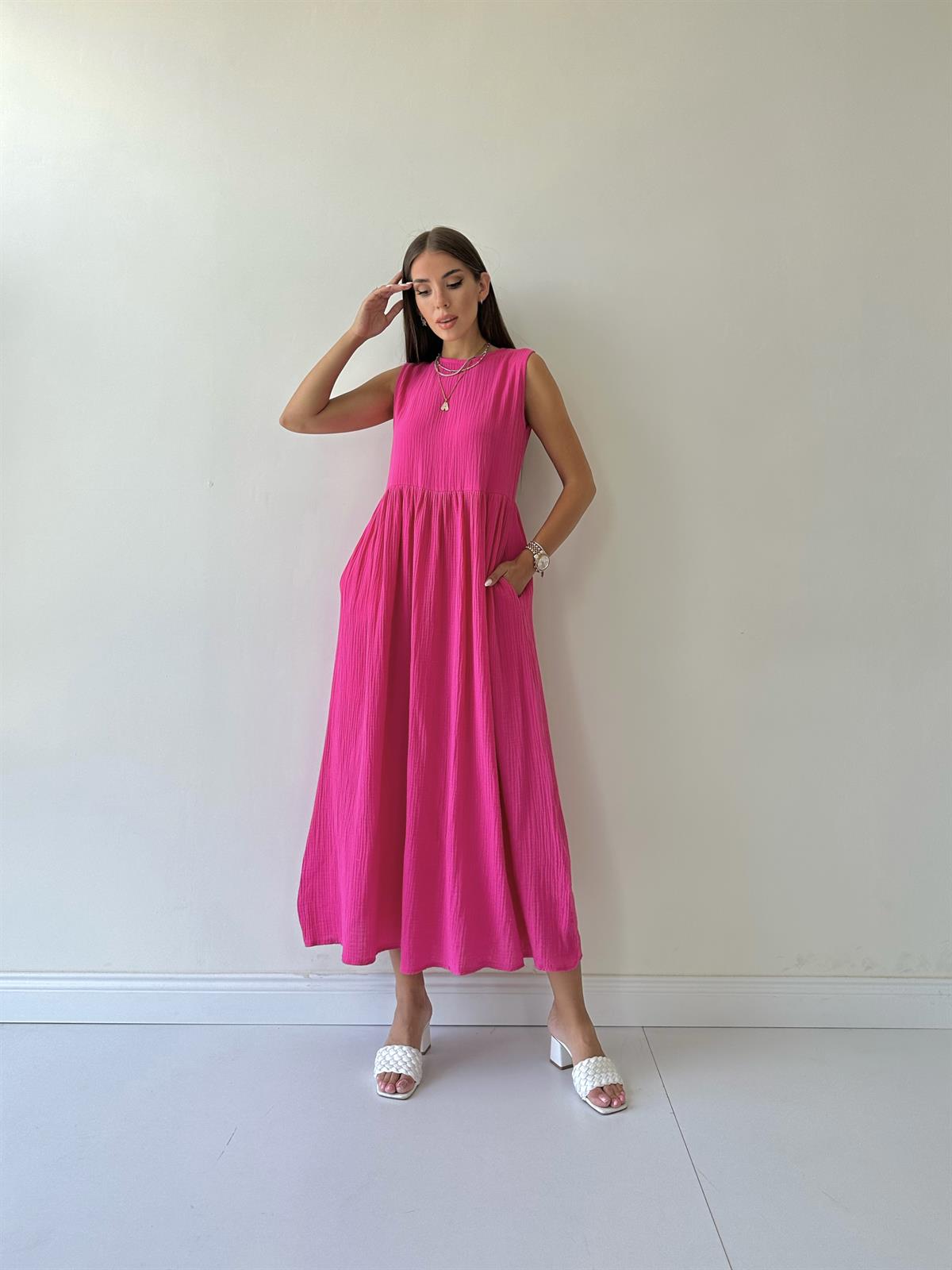 Cepli Müslin Maxi Elbise Pembe