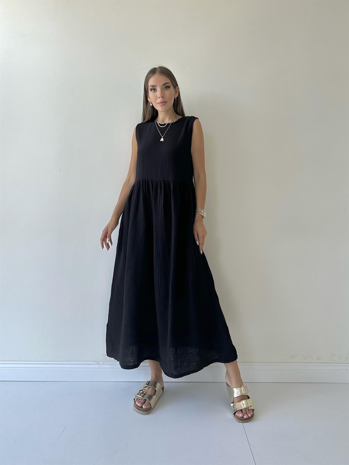 Cepli Müslin Maxi Elbise Siyah