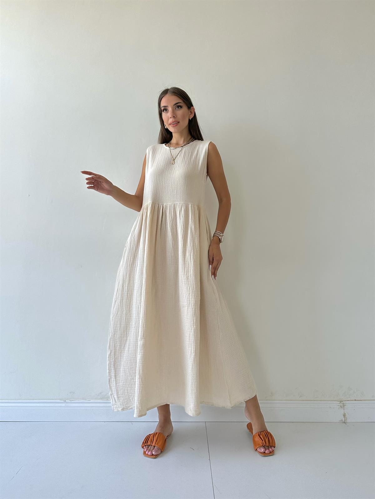 Cepli Müslin Maxi Elbise Taş