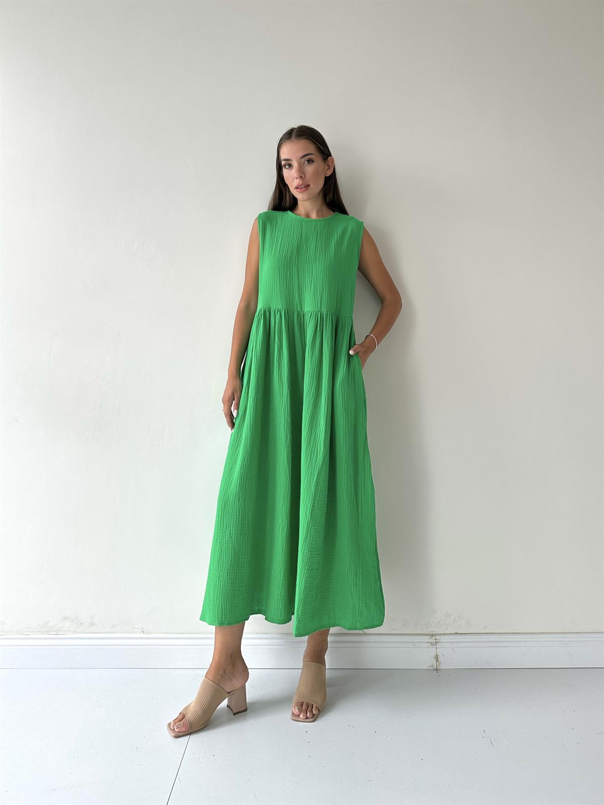 Cepli Müslin Maxi Elbise Yeşil