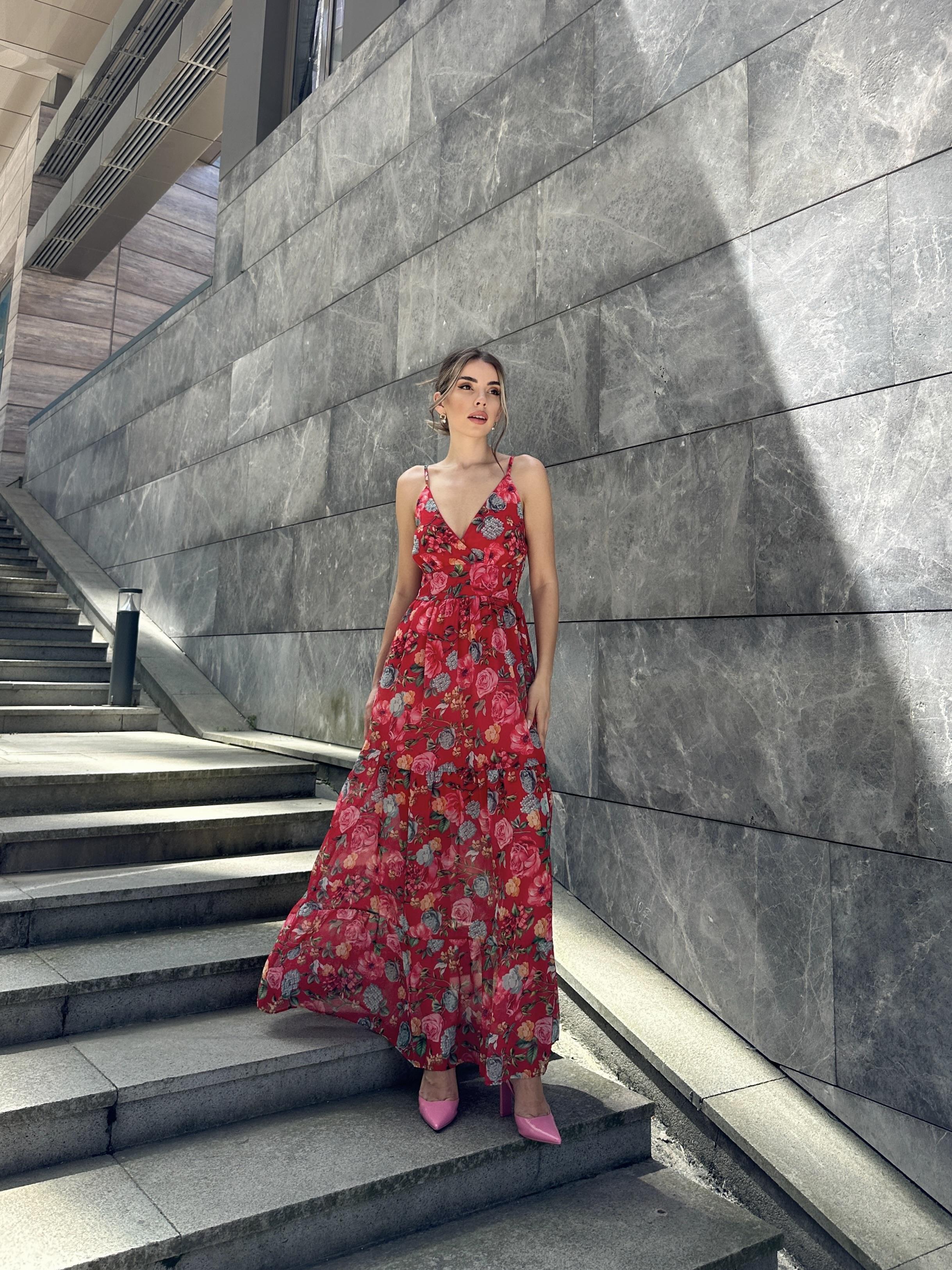 Çiçekli Askılı Uzun Şifon Elbise Kırmızı