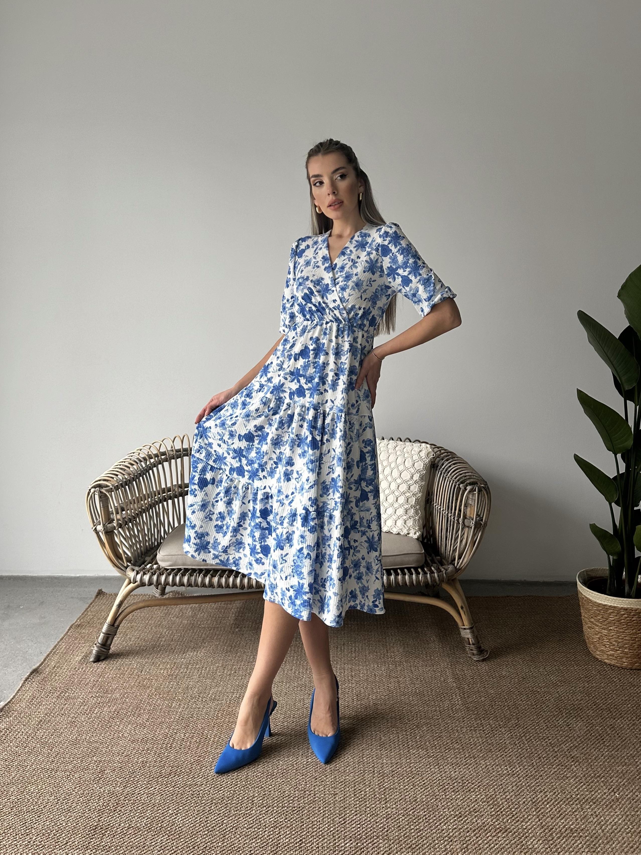 Çiçekli Kruvaze Krep Elbise Mavi