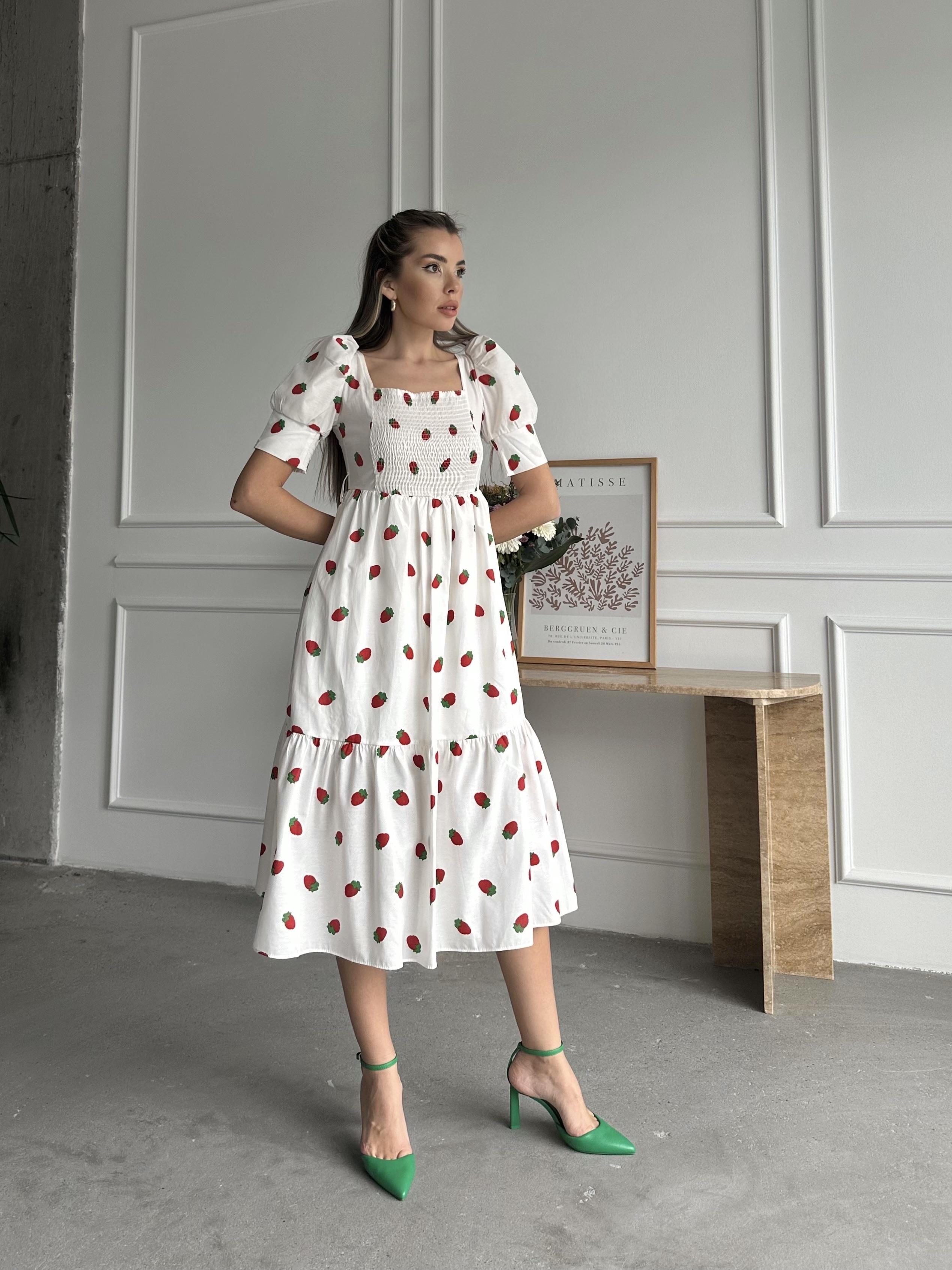 Çilekli Balon Kol Poplin Elbise Ekru