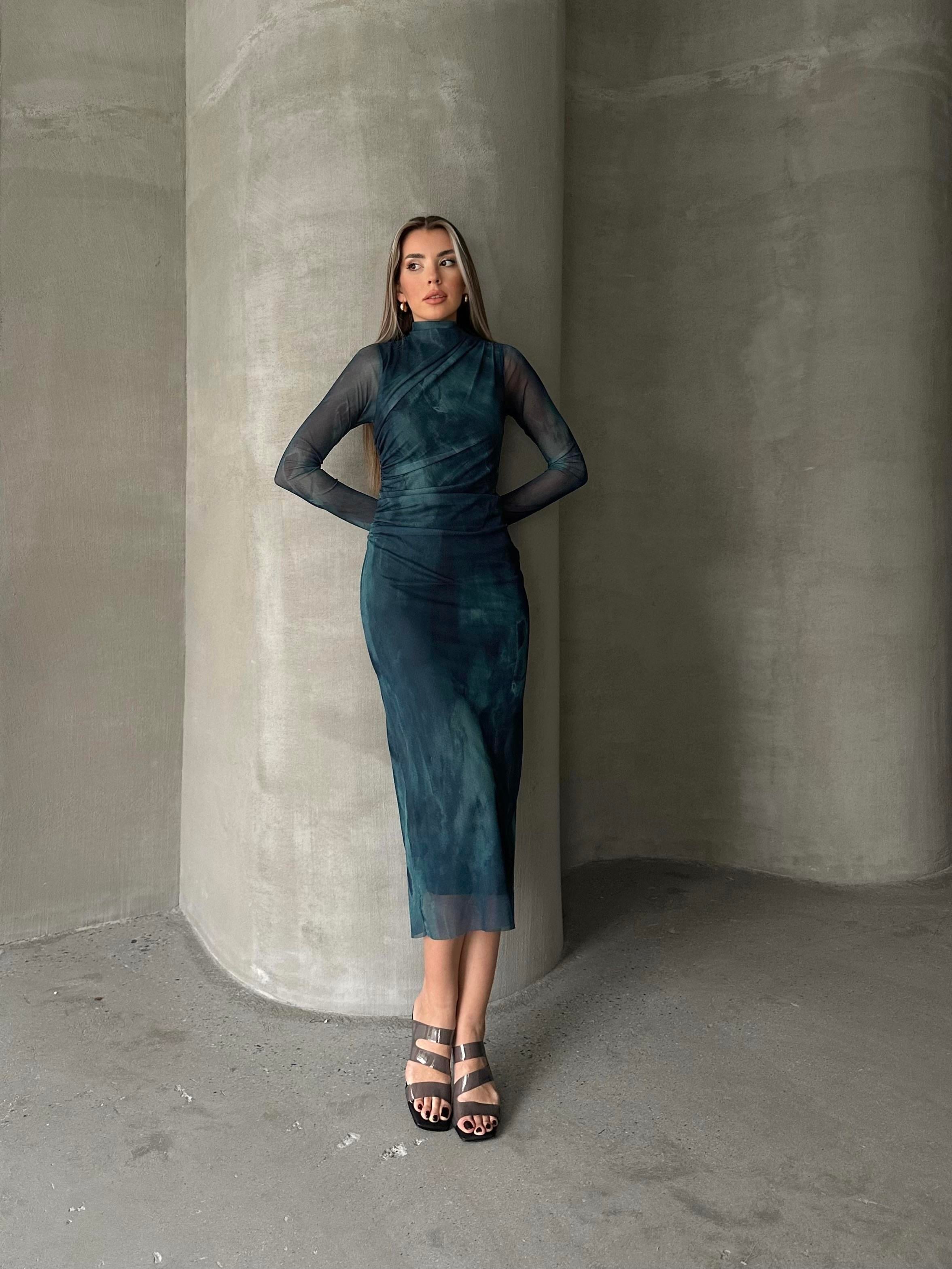 Drapeli Uzun Kol Tül Elbise Yeşil