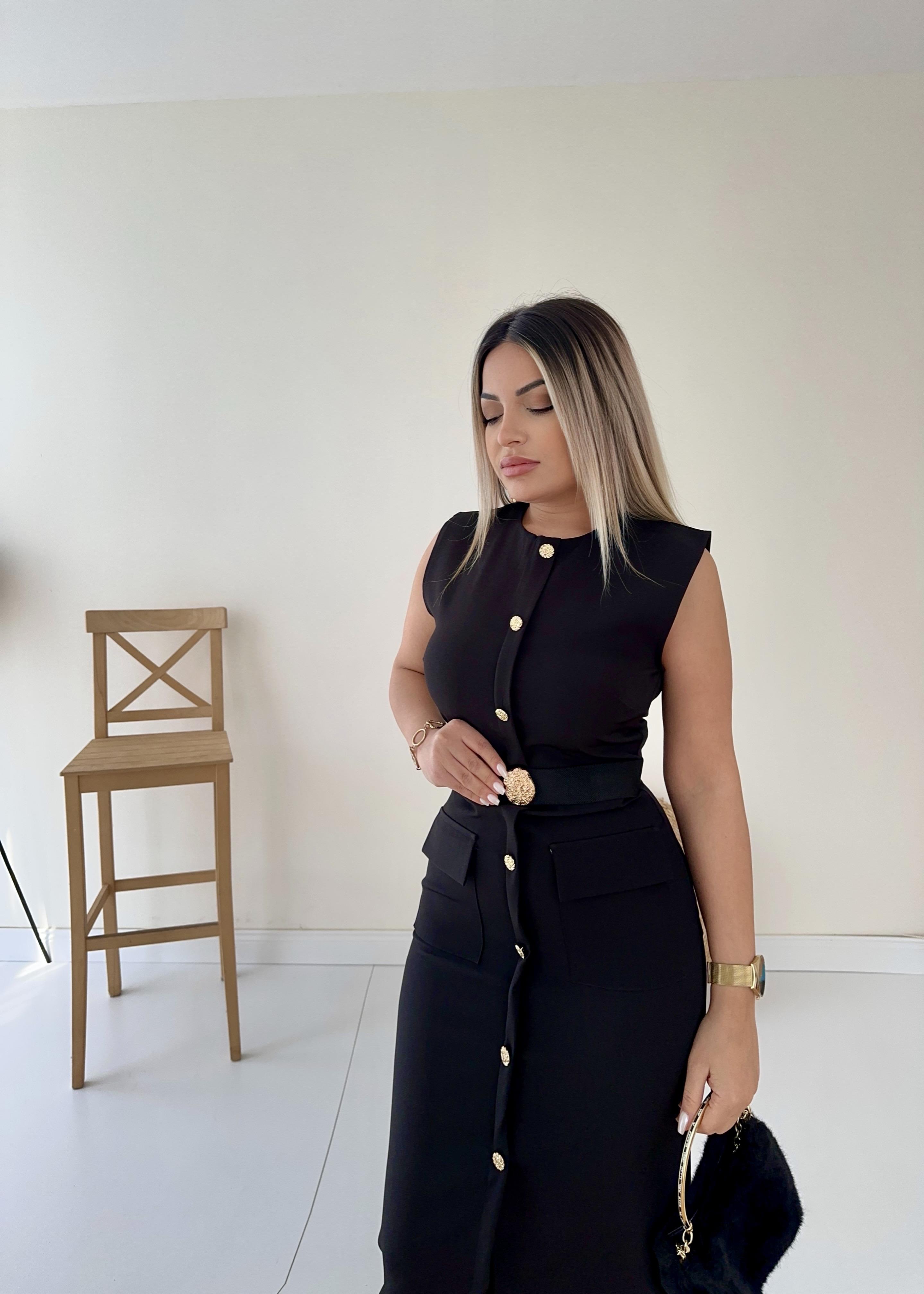 Düğme Detaylı Midi Tasarım Elbise Siyah