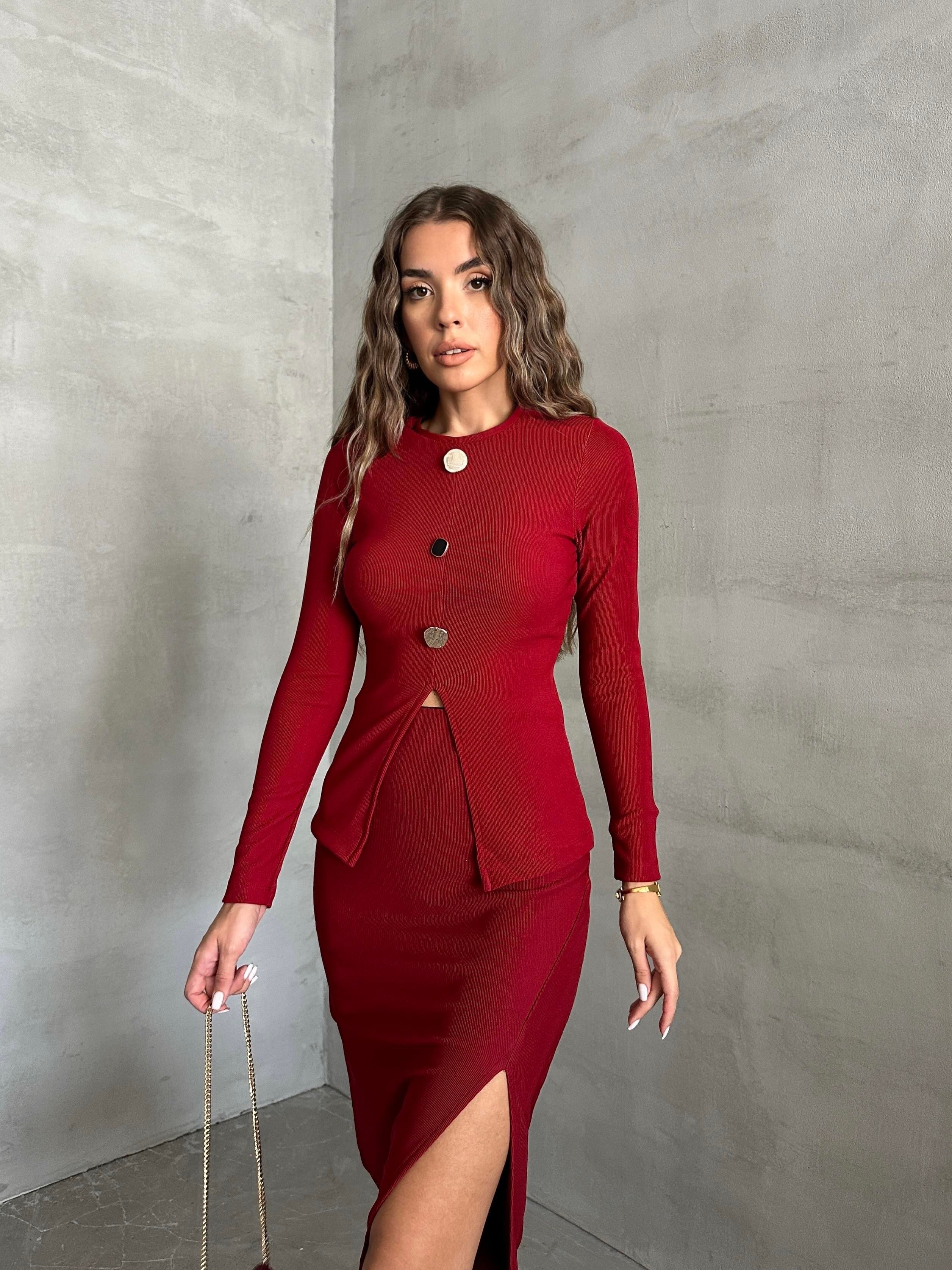 Düğme Detaylı Triko Bluz Bordo