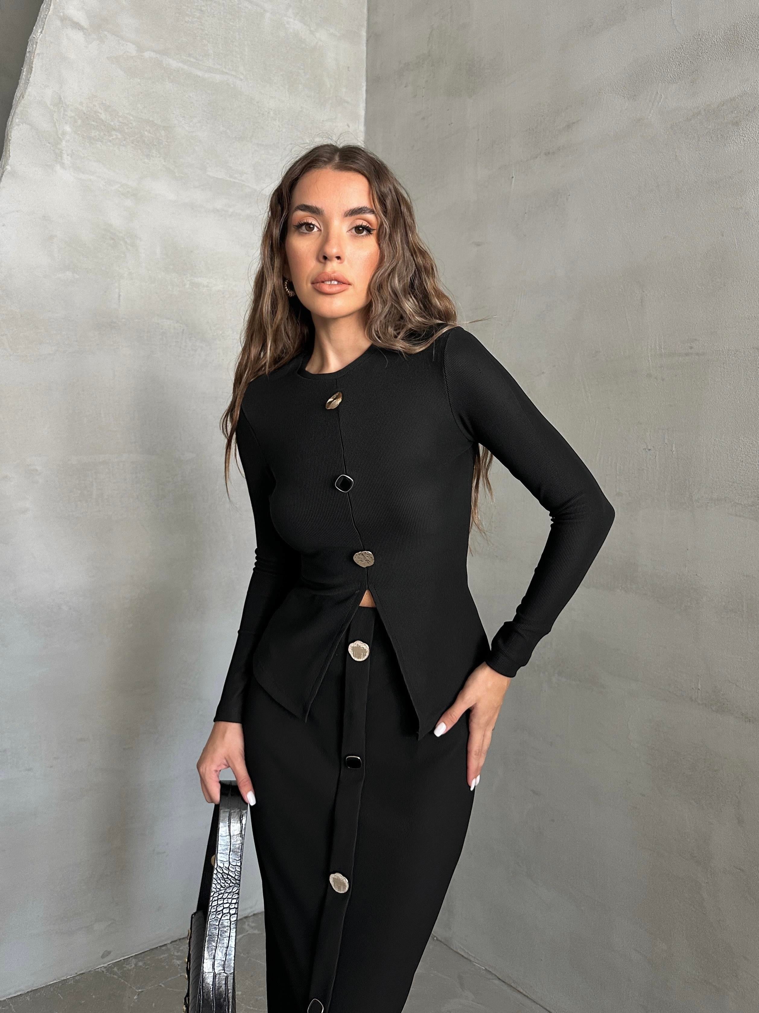 Düğme Detaylı Triko Bluz Siyah