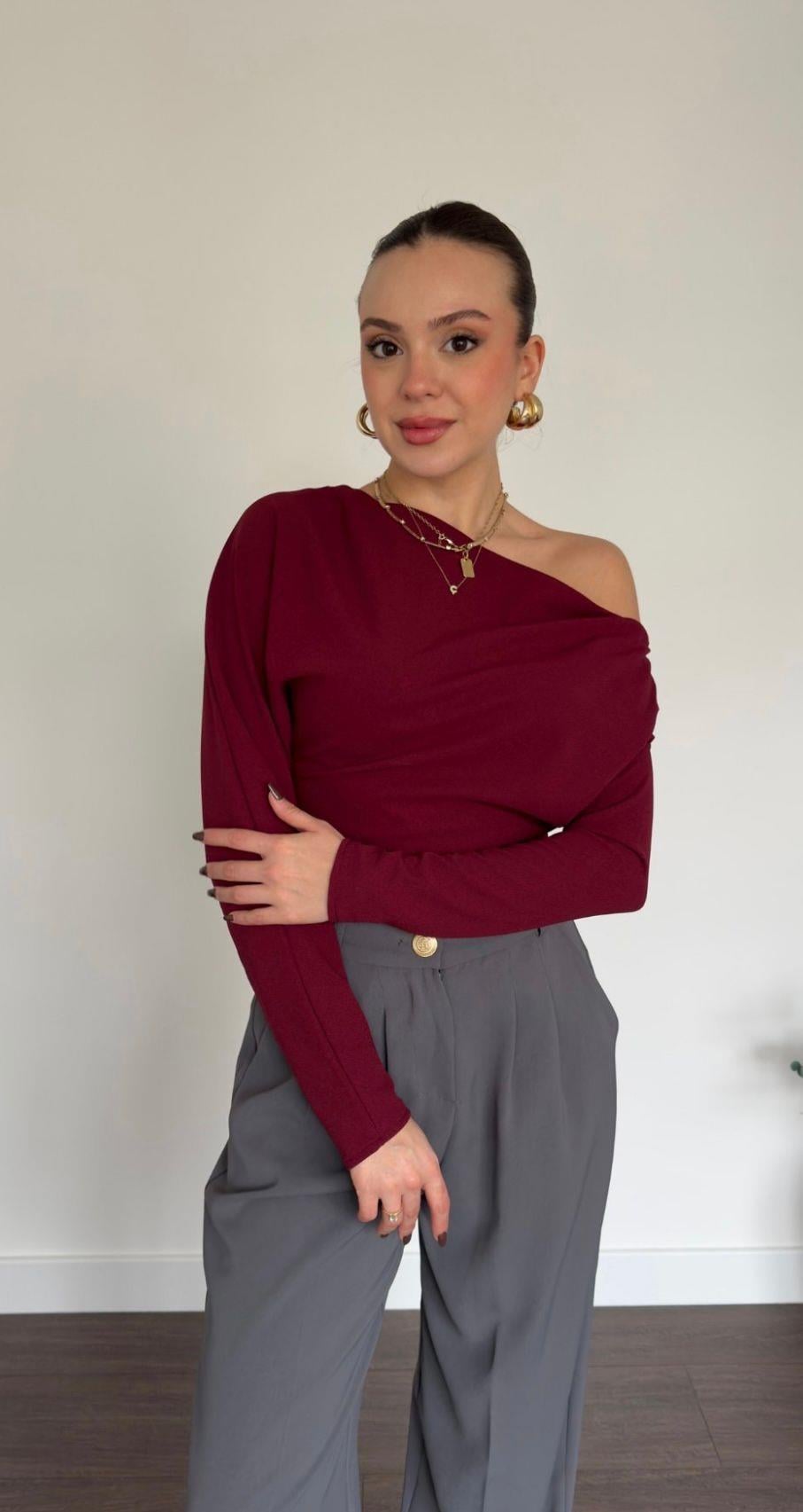 Düşük Omuz Bluz Bordo
