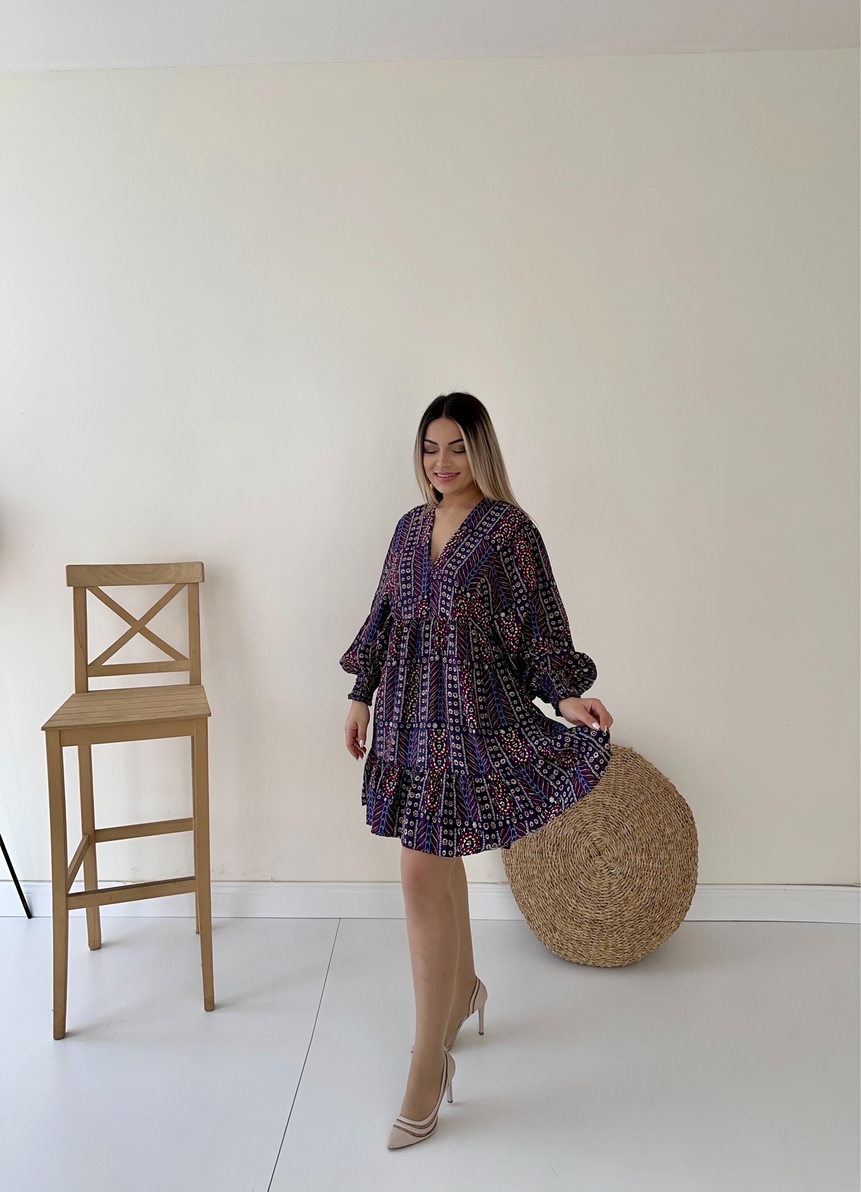 Etnik Desen Salaş Elbise Mor