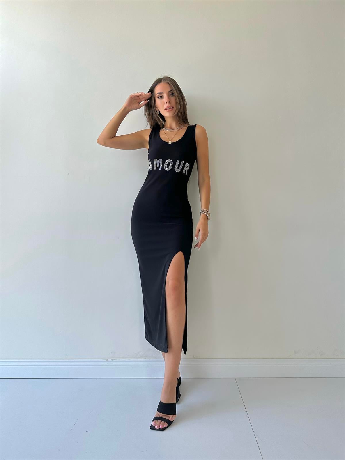 Fitilli Yırtmaçlı Amour Elbise Siyah