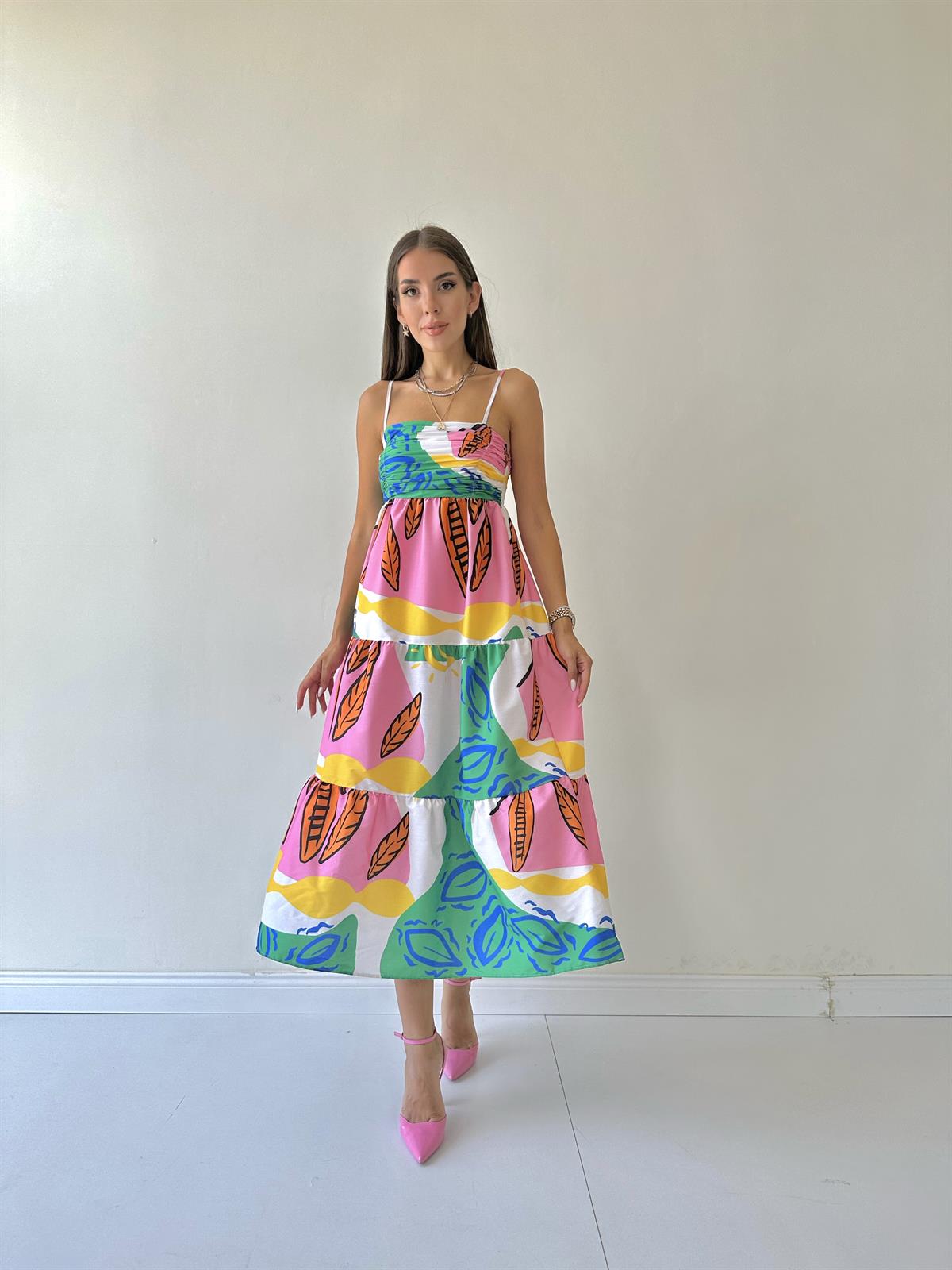 Göğsü Drapeli Askılı Mira Elbise Pembe