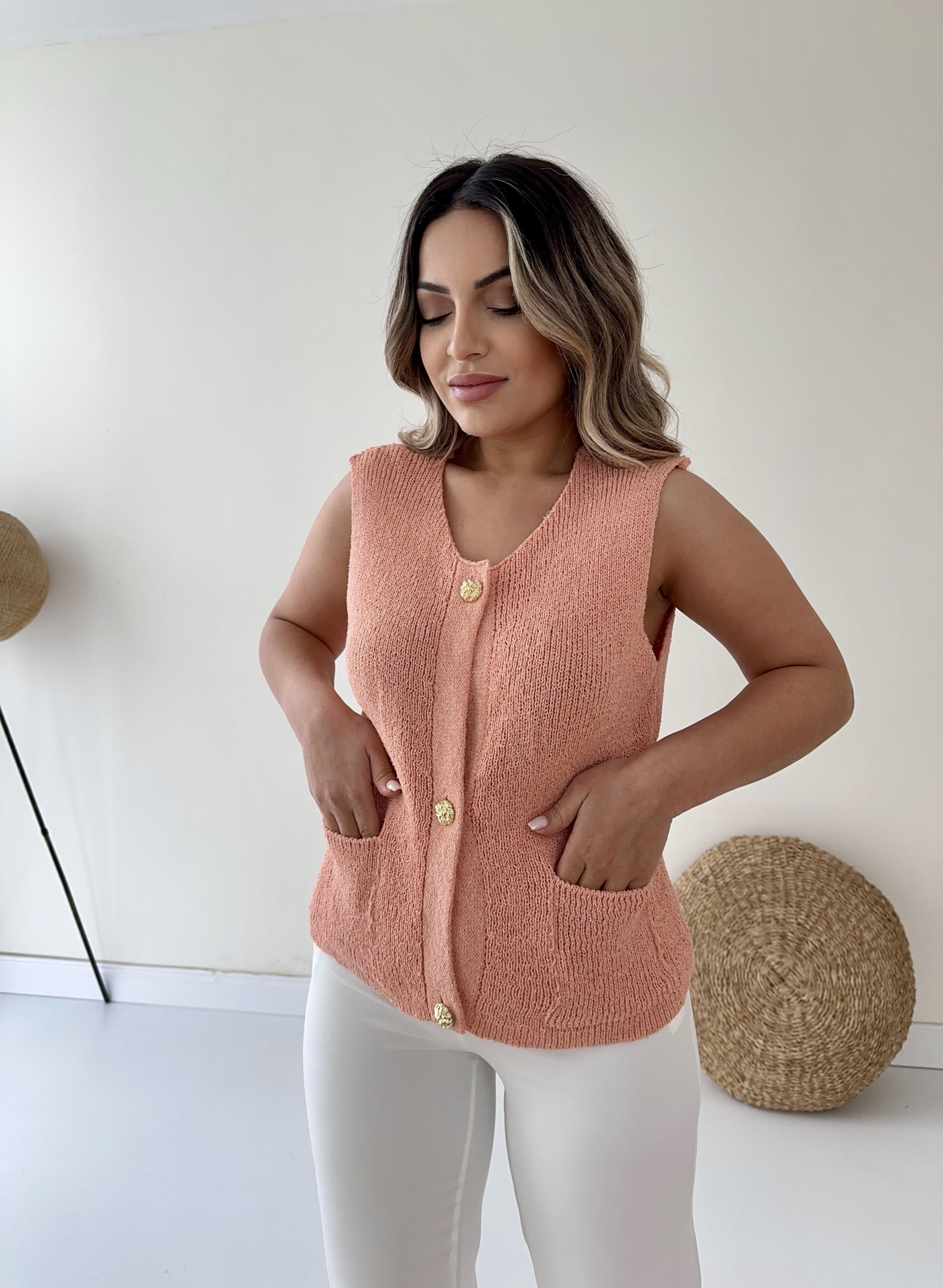 Gold Düğmeli Triko Yelek Somon