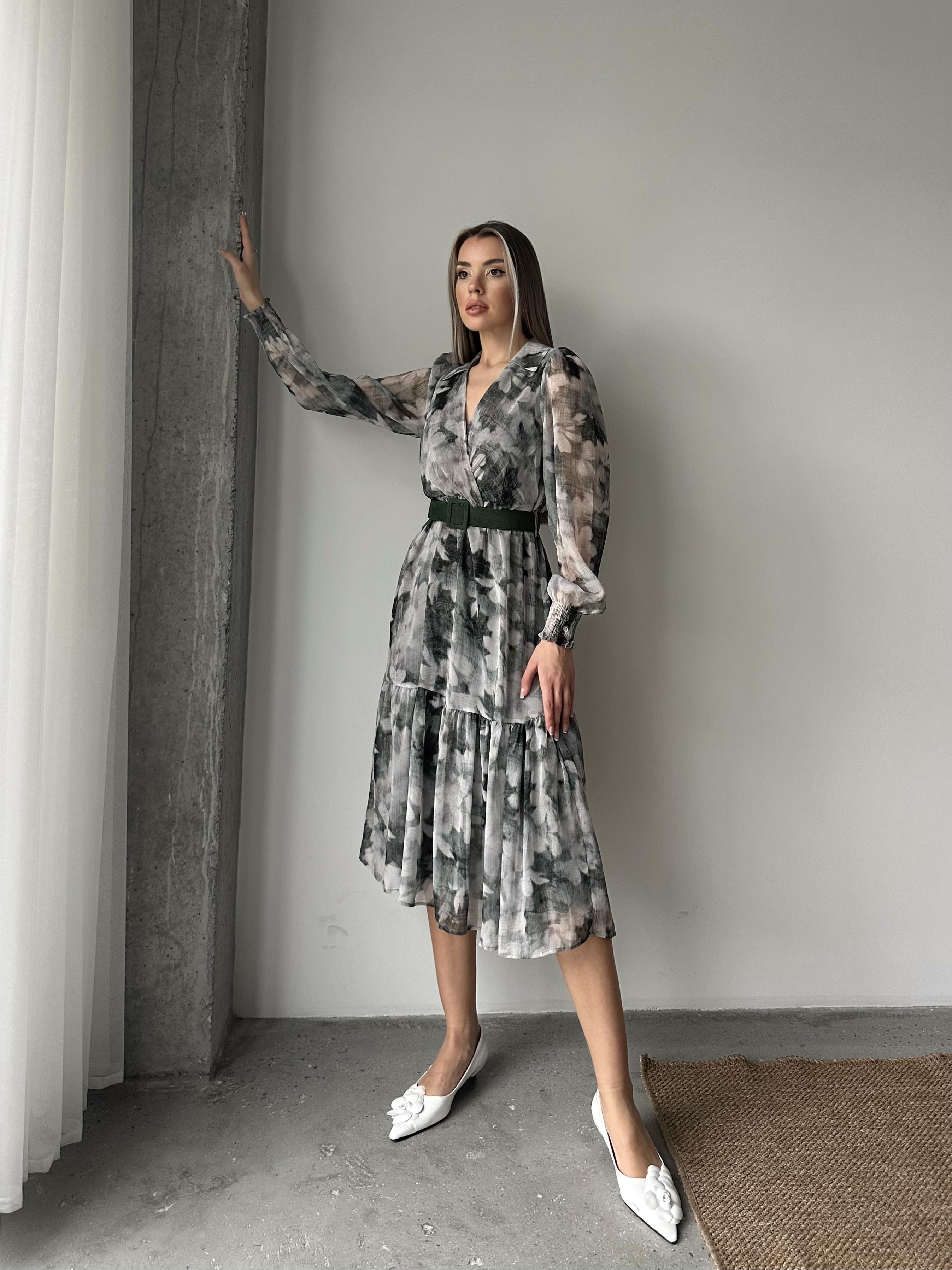 Gömlek Yaka Desenli Şifon Elbise Yeşil