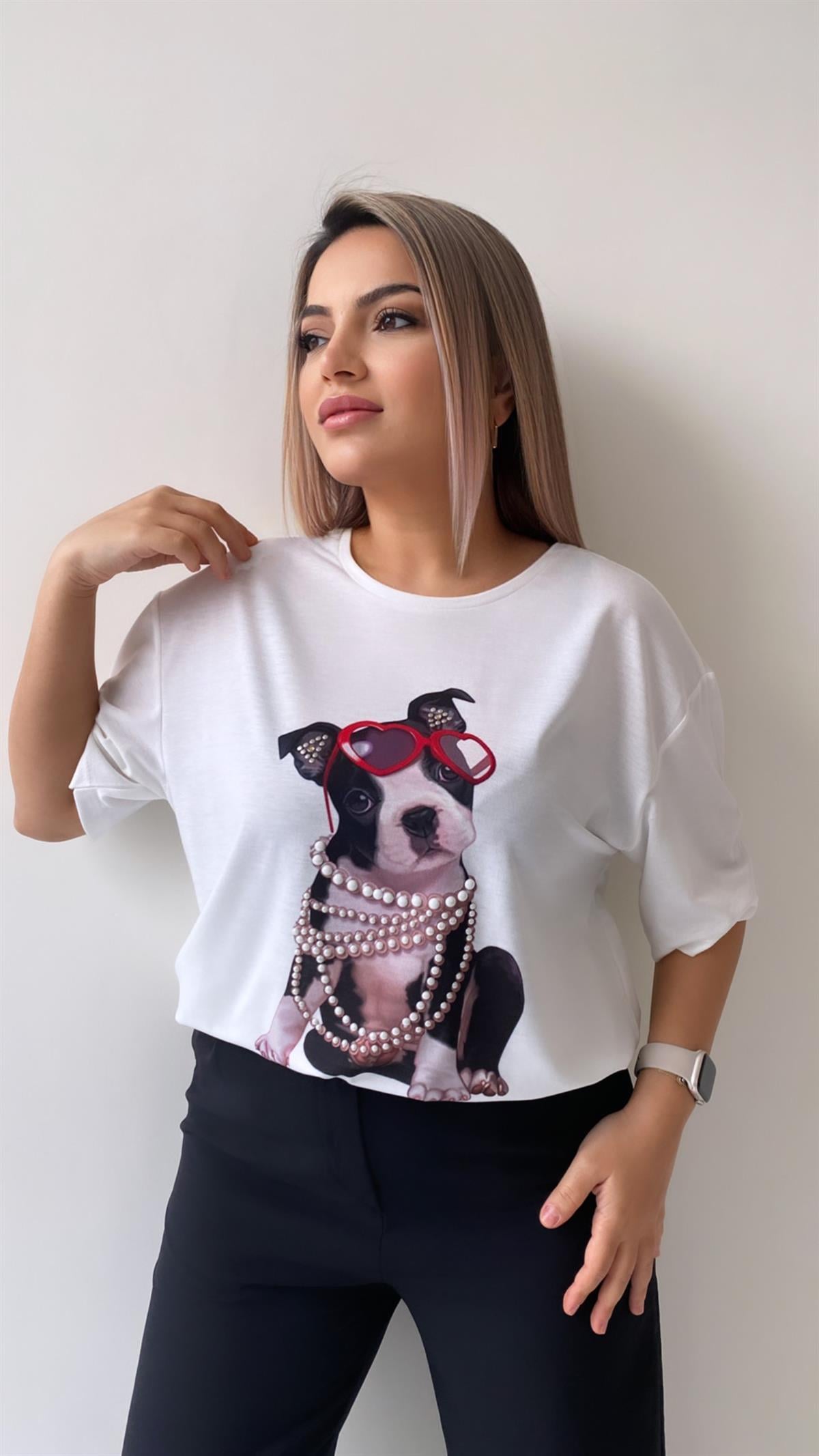 Gözlüklü İncili Köpek Baskılı Tişört Ekru