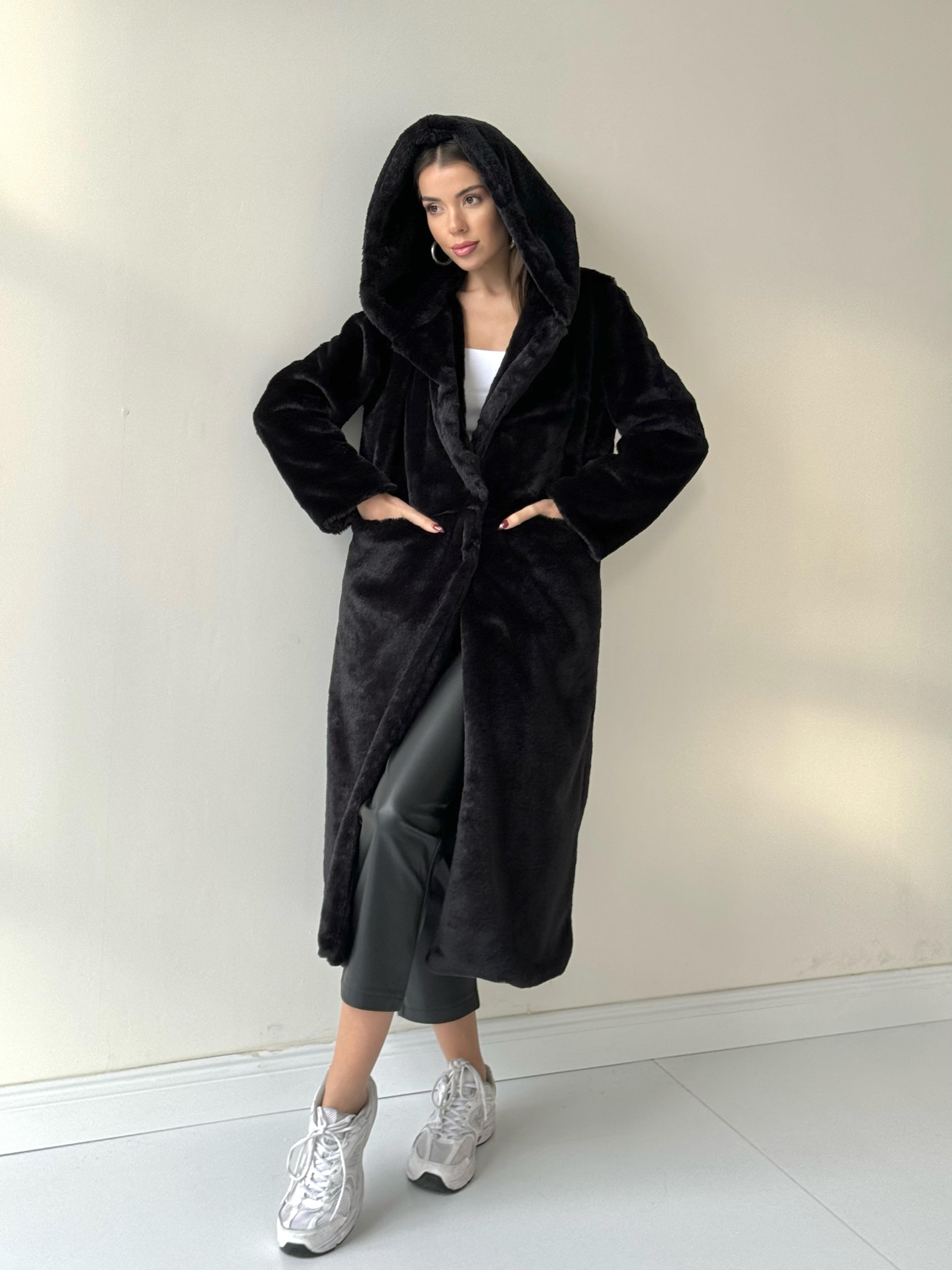Kapüşonlu Astarlı Peluş Kürk Siyah