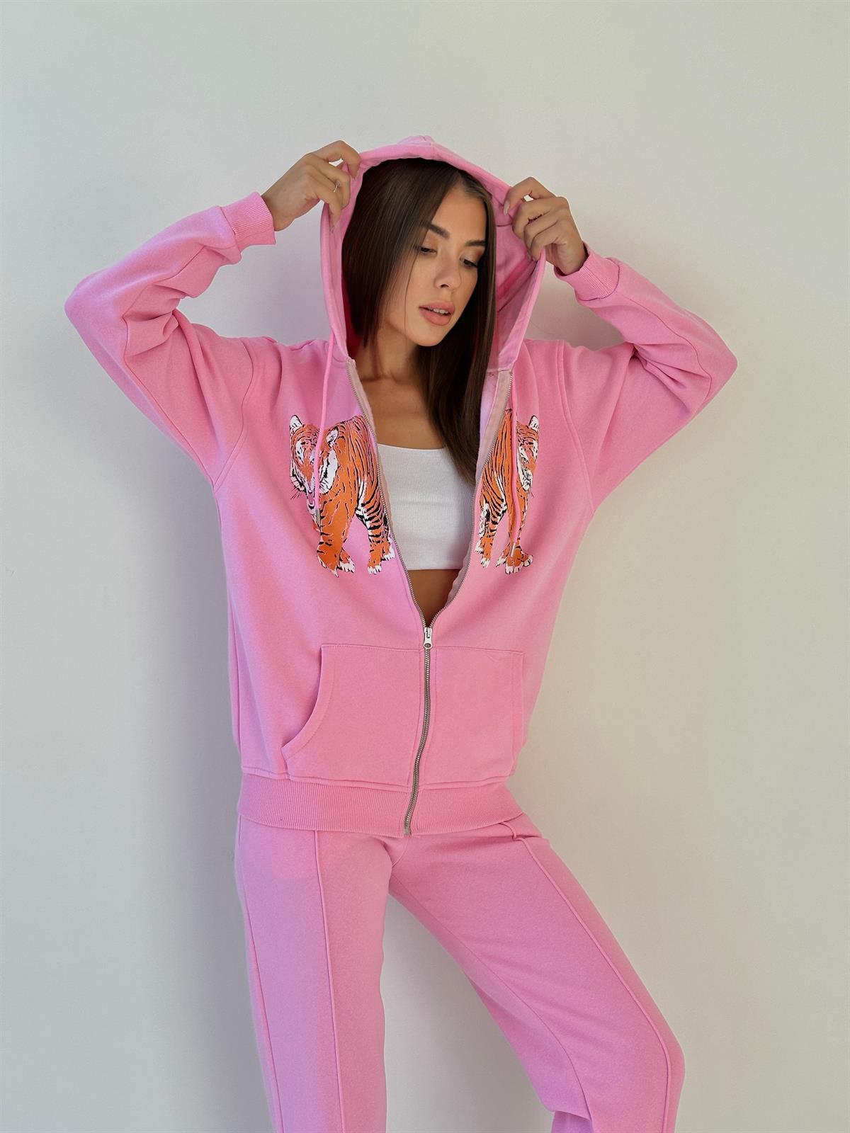 Kapüşonu Astarlı Baskılı Fermuarlı Sweat Pembe