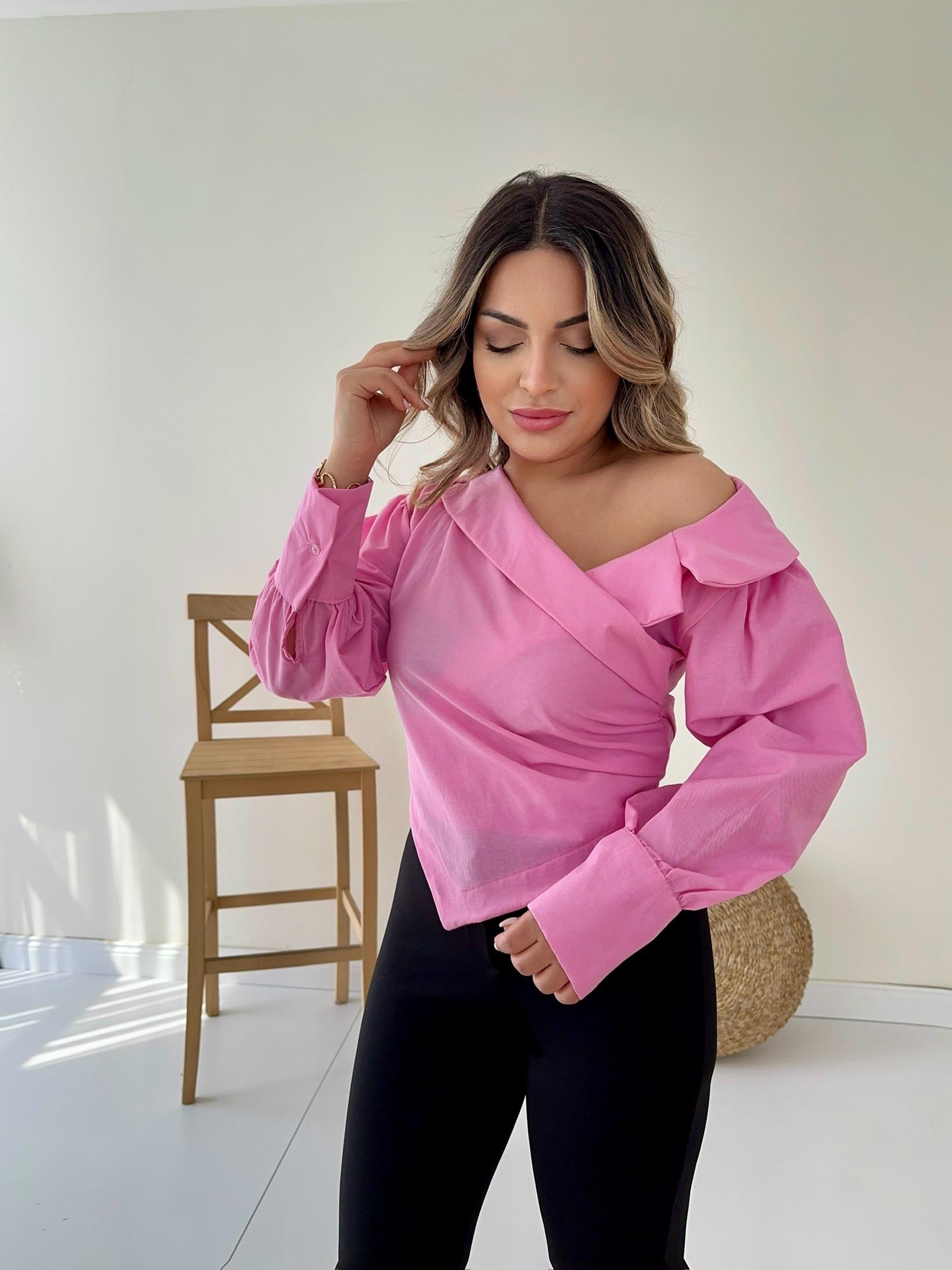 Kayık Yaka Tasarım Gömlek Pembe