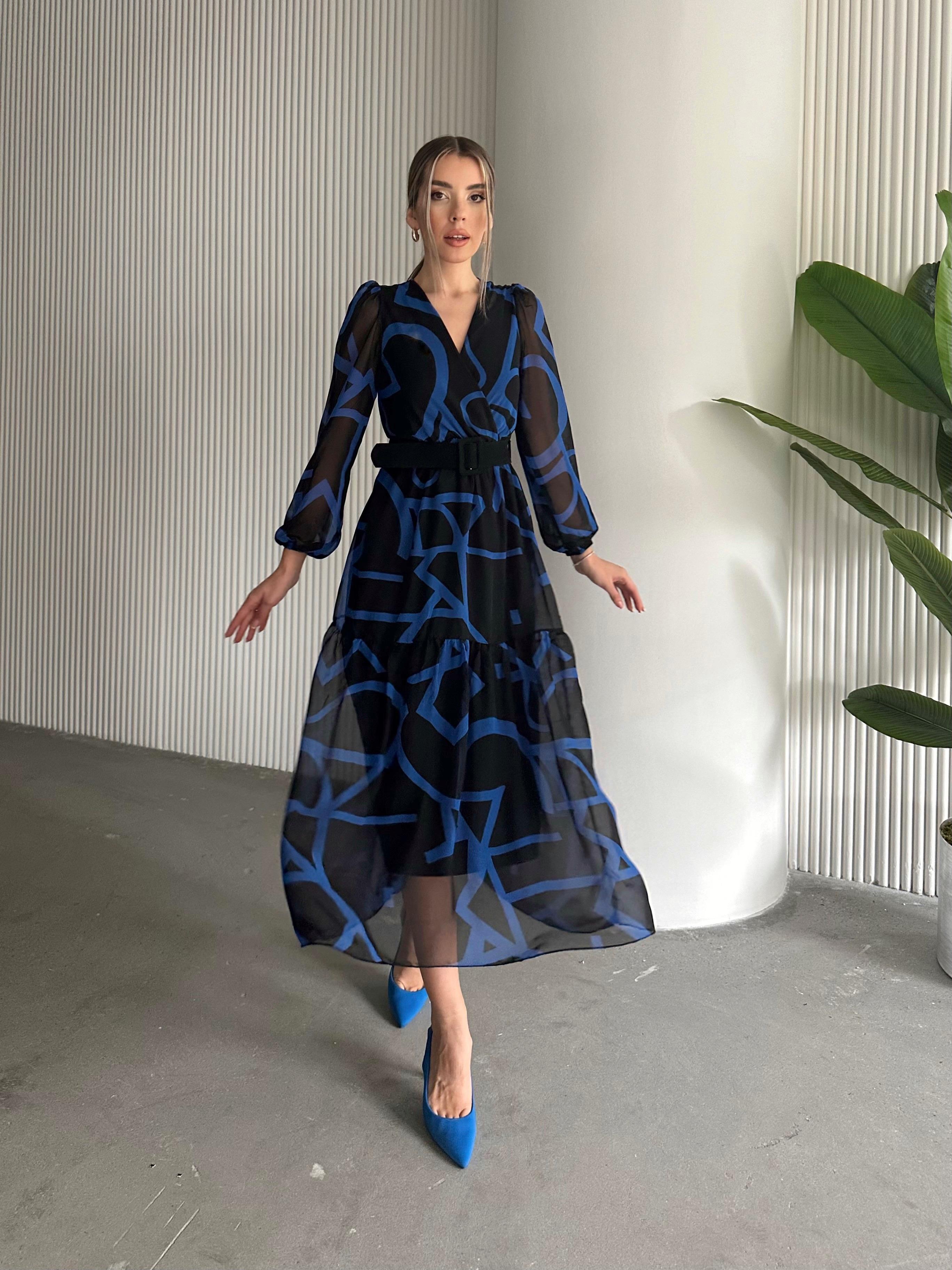 Kemerli Desenli Şifon Elbise Mavi