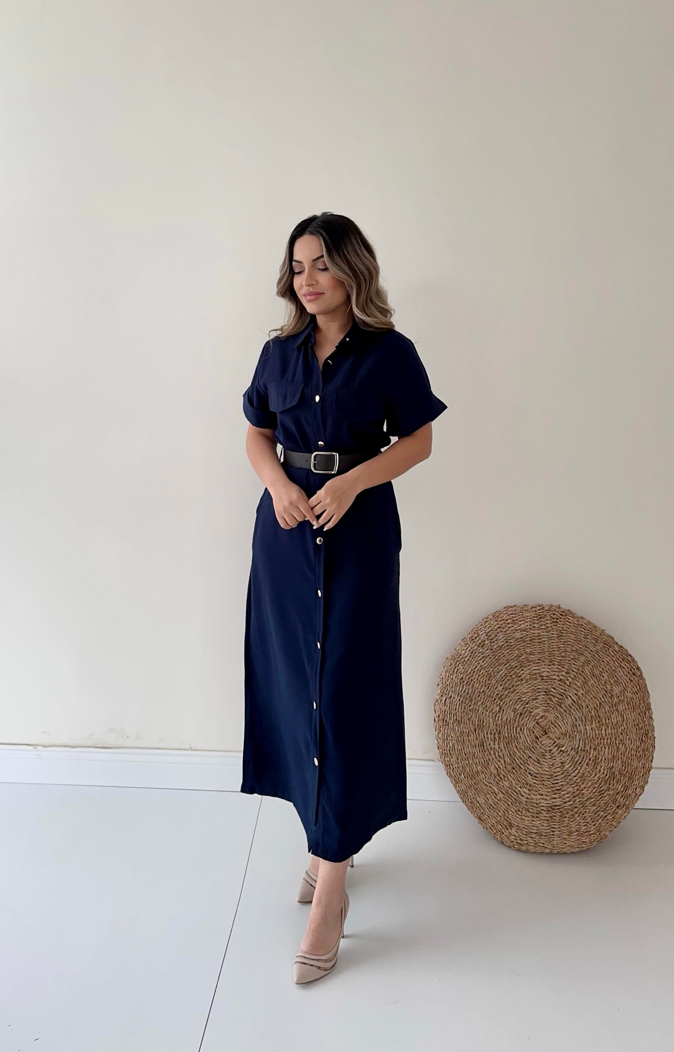 Kemerli Midi Gömlek Elbise Lacivert