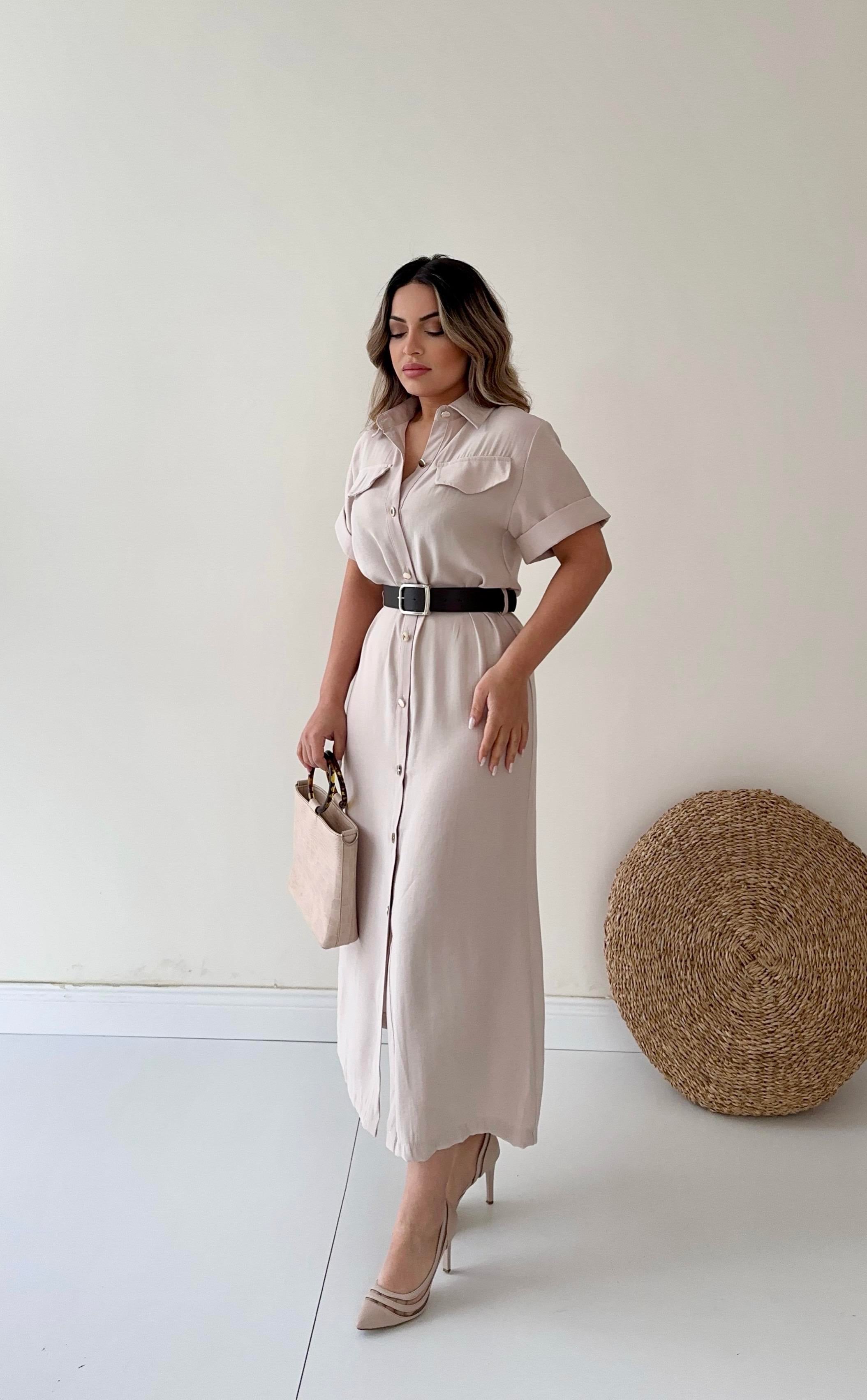 Kemerli Midi Gömlek Elbise Taş