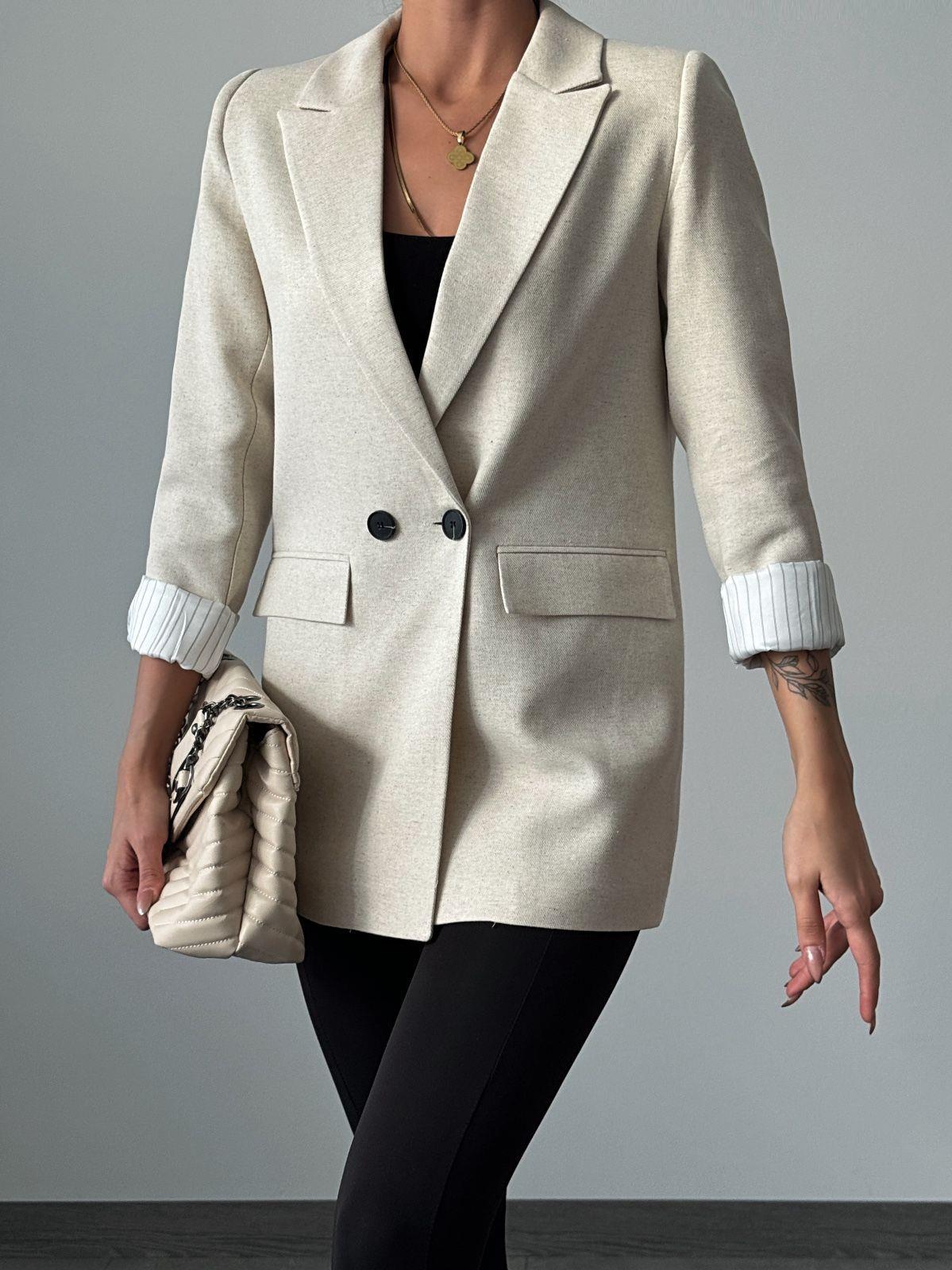 Keten Çift Düğme Çizgi Astarlı Oversize Ceket Taş