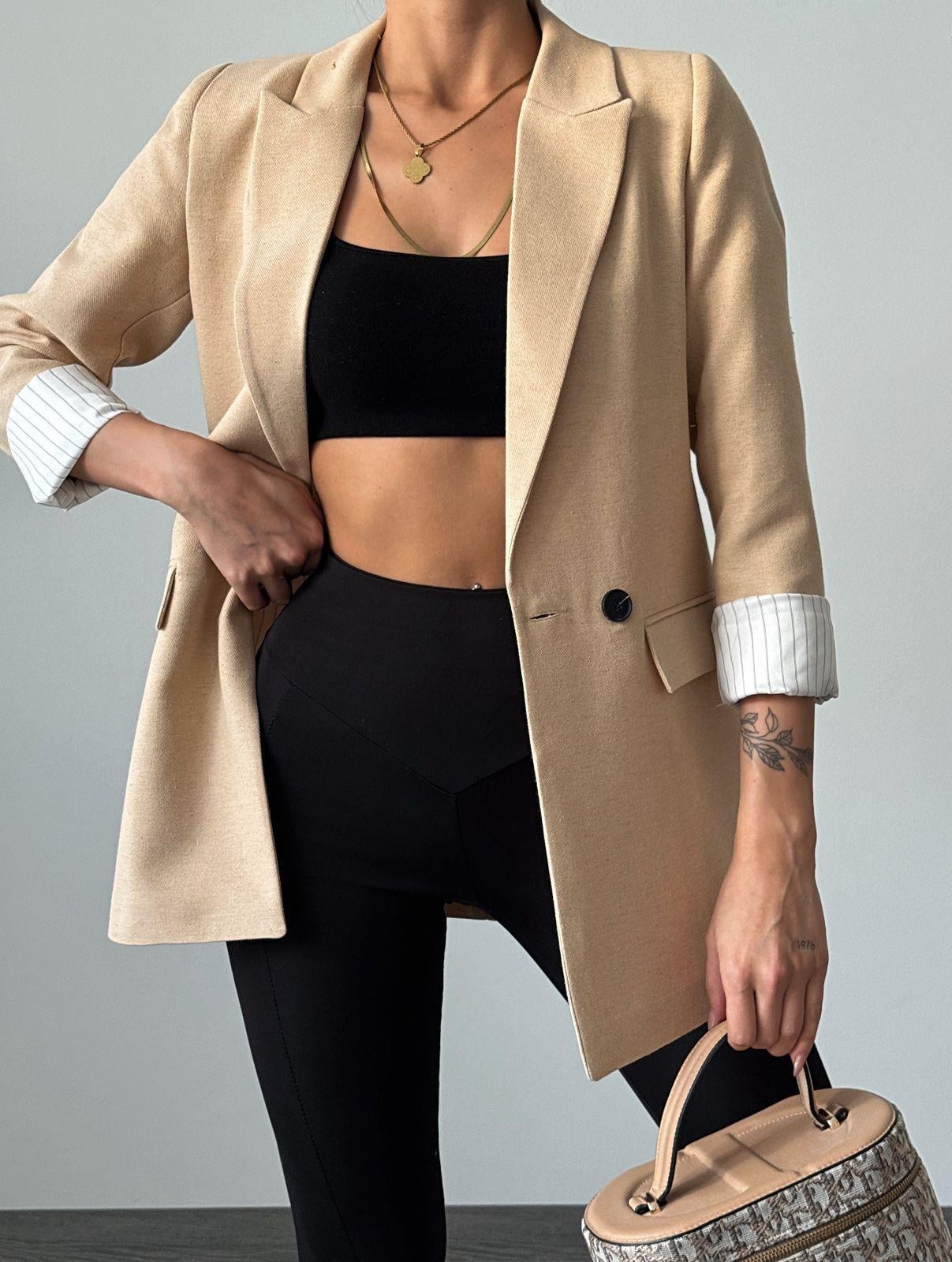 Keten Çift Düğme Çizgi Astarlı Oversize Ceket Bej