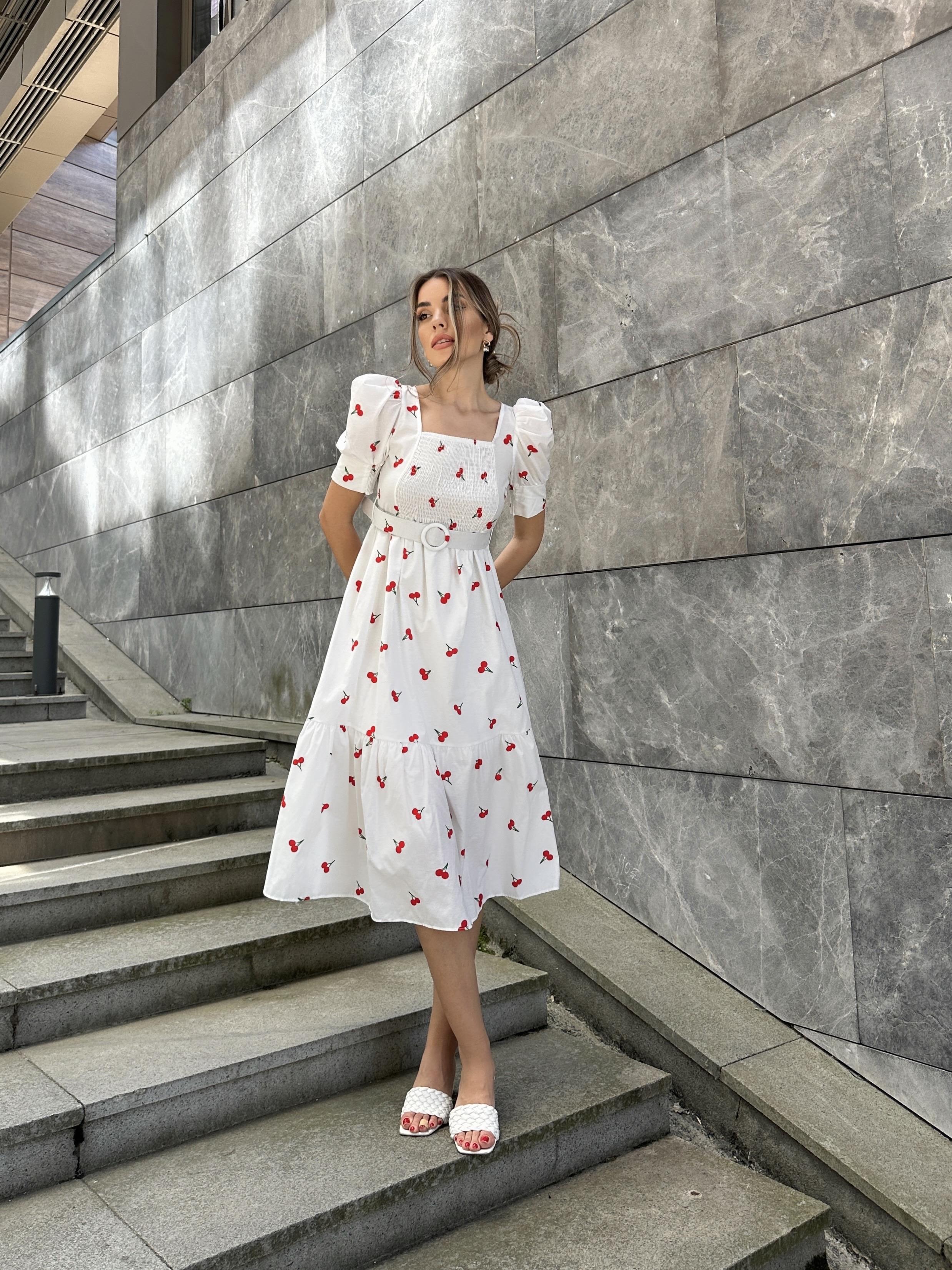 Kirazlı Balon Kol Poplin Elbise Ekru