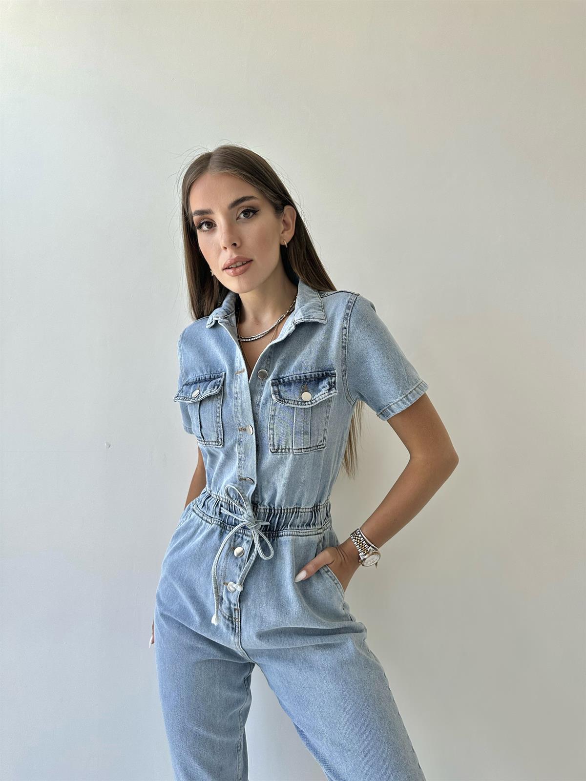 Kısa Kol Kot Tulum Mavi