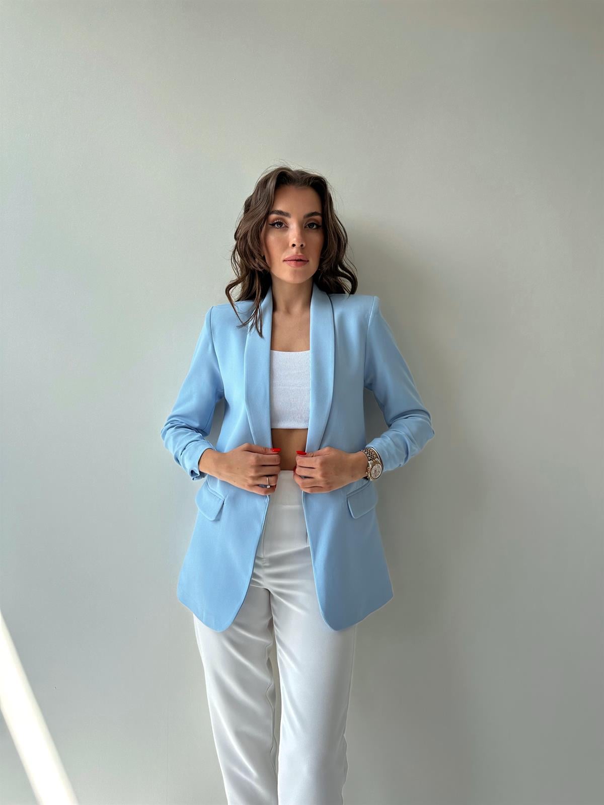 Kolu Büzgülü Blazer Ceket Bebe Mavi