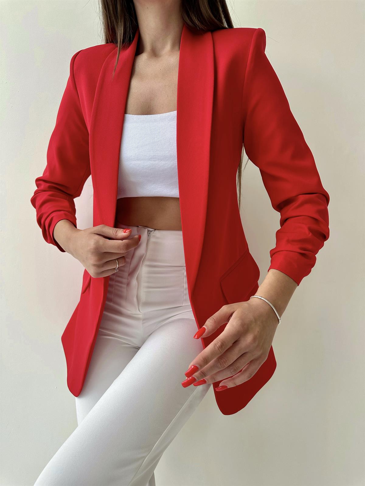 Kolu Büzgülü Blazer Ceket Kırmızı