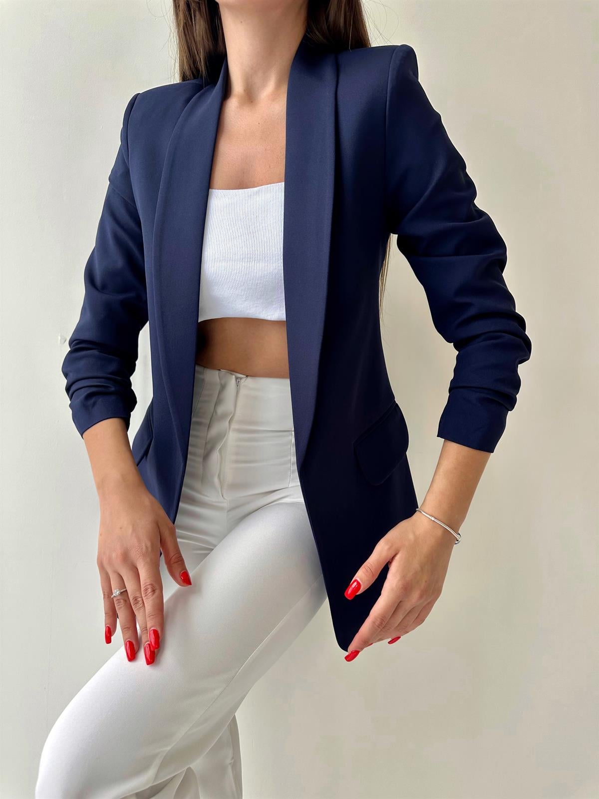 Kolu Büzgülü Blazer Ceket Lacivert
