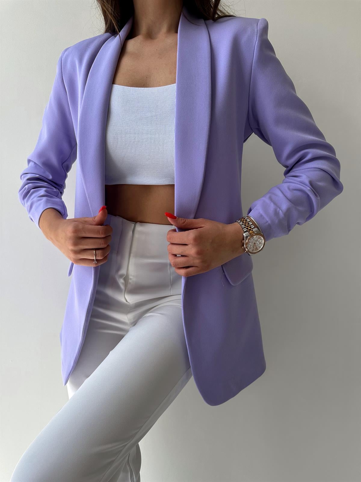 Kolu Büzgülü Blazer Ceket Lila