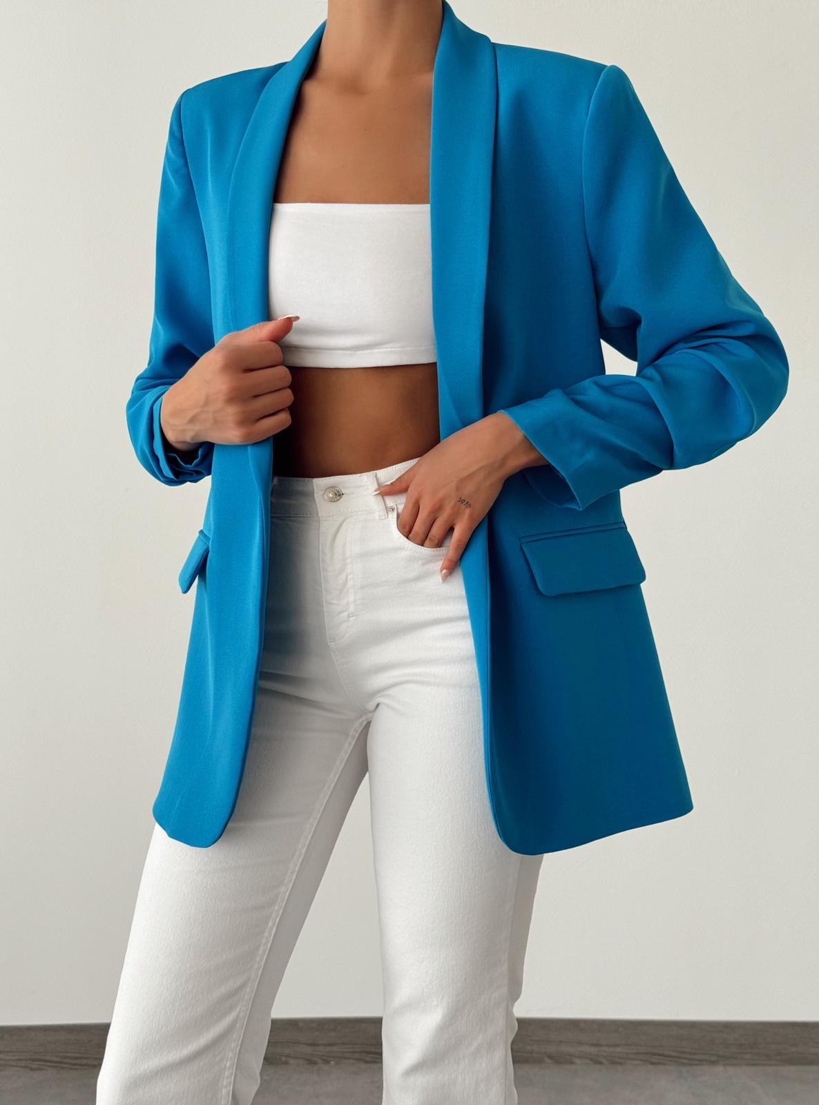 Kolu Büzgülü Blazer Ceket Mavi