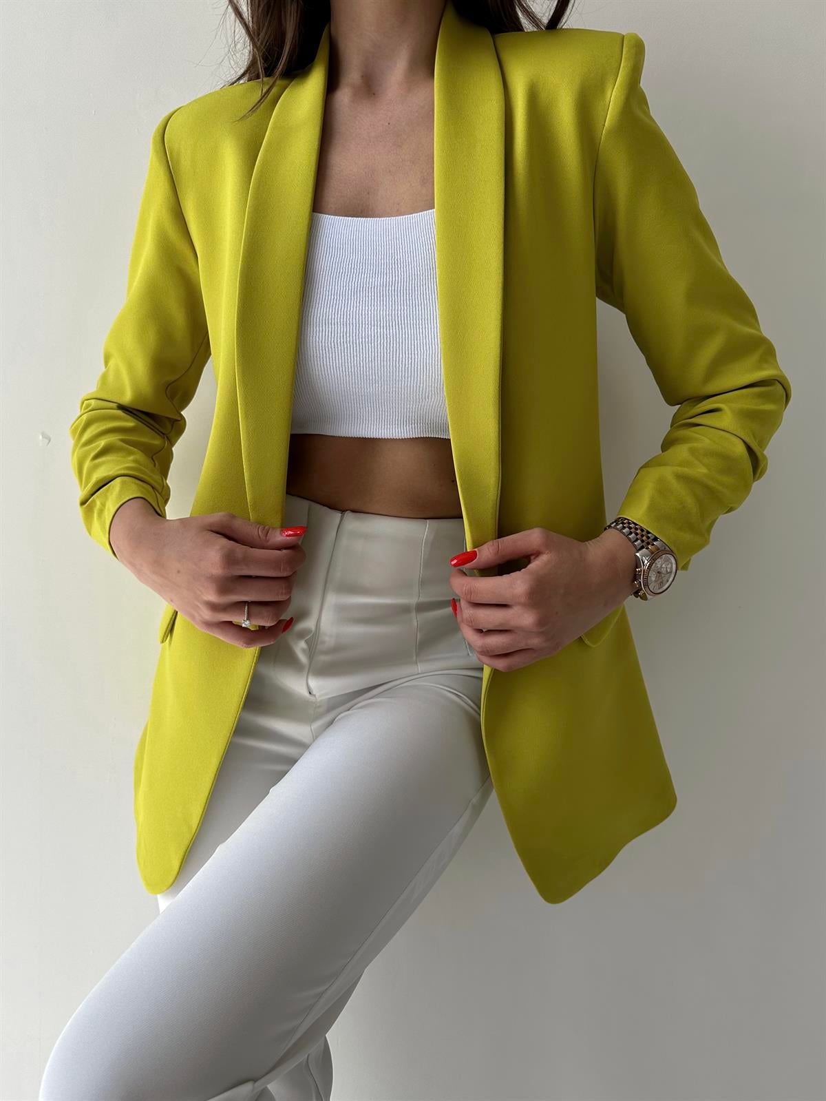 Kolu Büzgülü Blazer Ceket Yağ Yeşili
