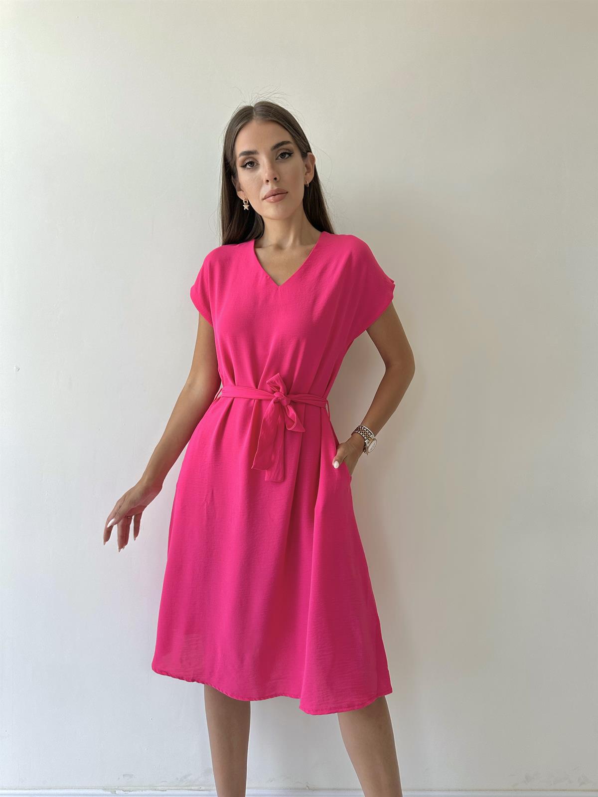 Kuşaklı Tensel Ayrobin Elbise Pembe