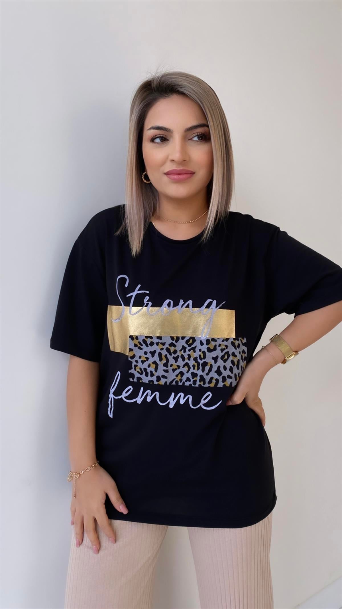 Leopar Baskılı Femme Tişört Siyah Gold