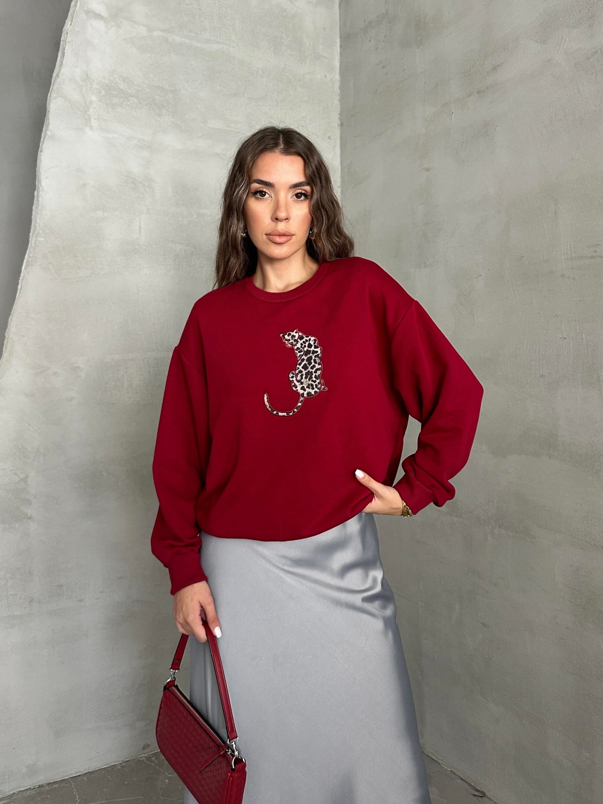 Leopar Baskılı Sweat Bordo