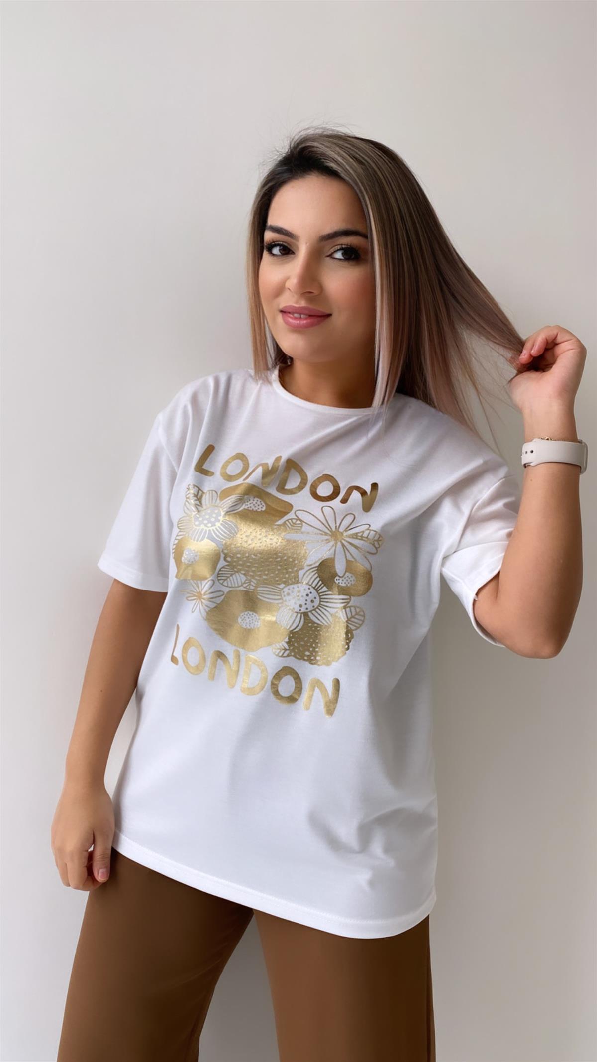 London Varak Baskılı Tişört Ekru