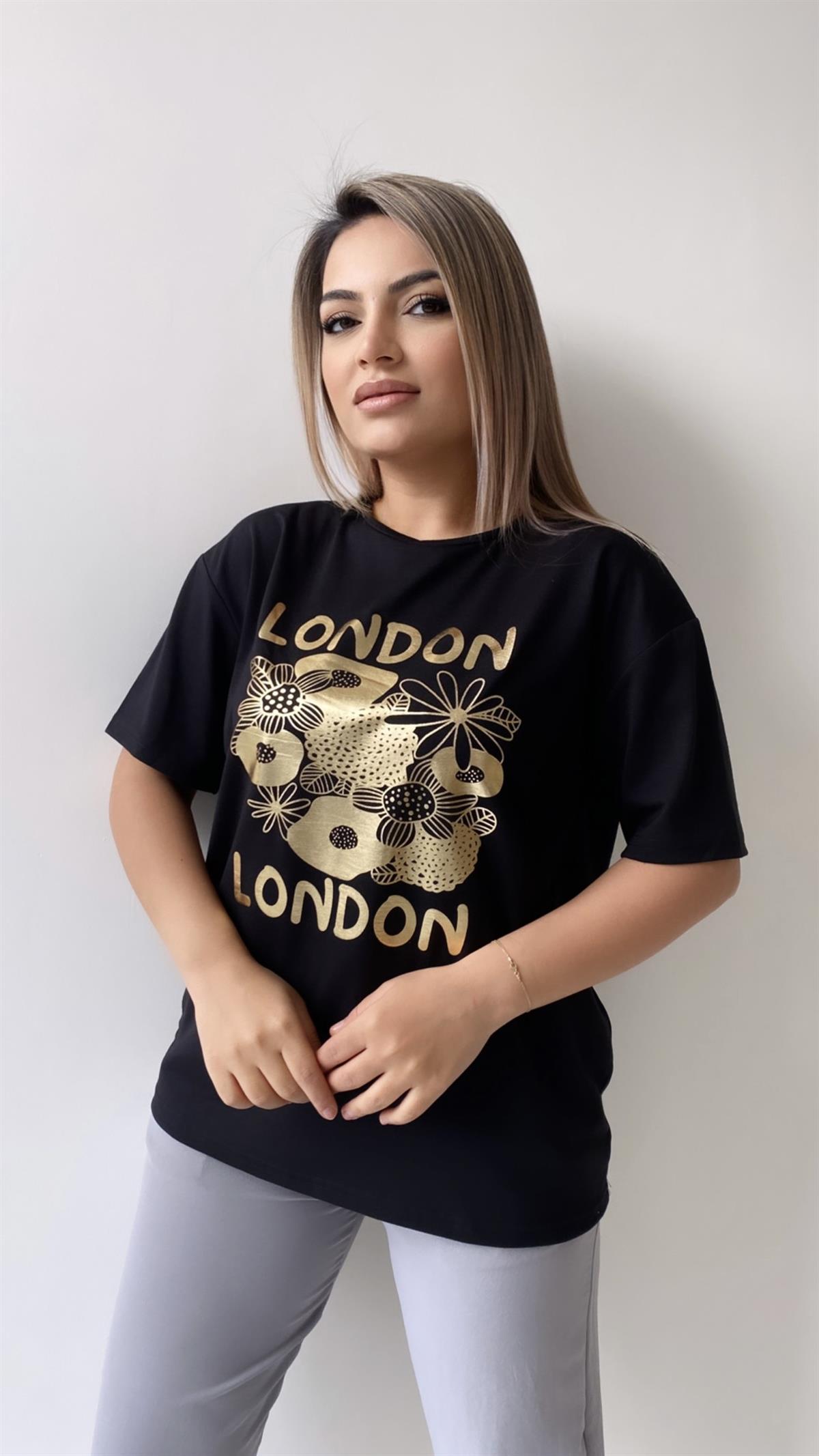 London Varak Baskılı Tişört Siyah