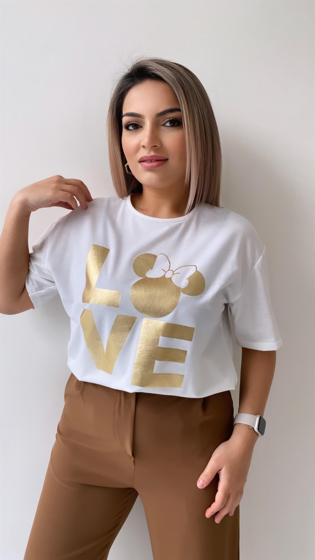 Love Varak Baskılı Tişört Ekru