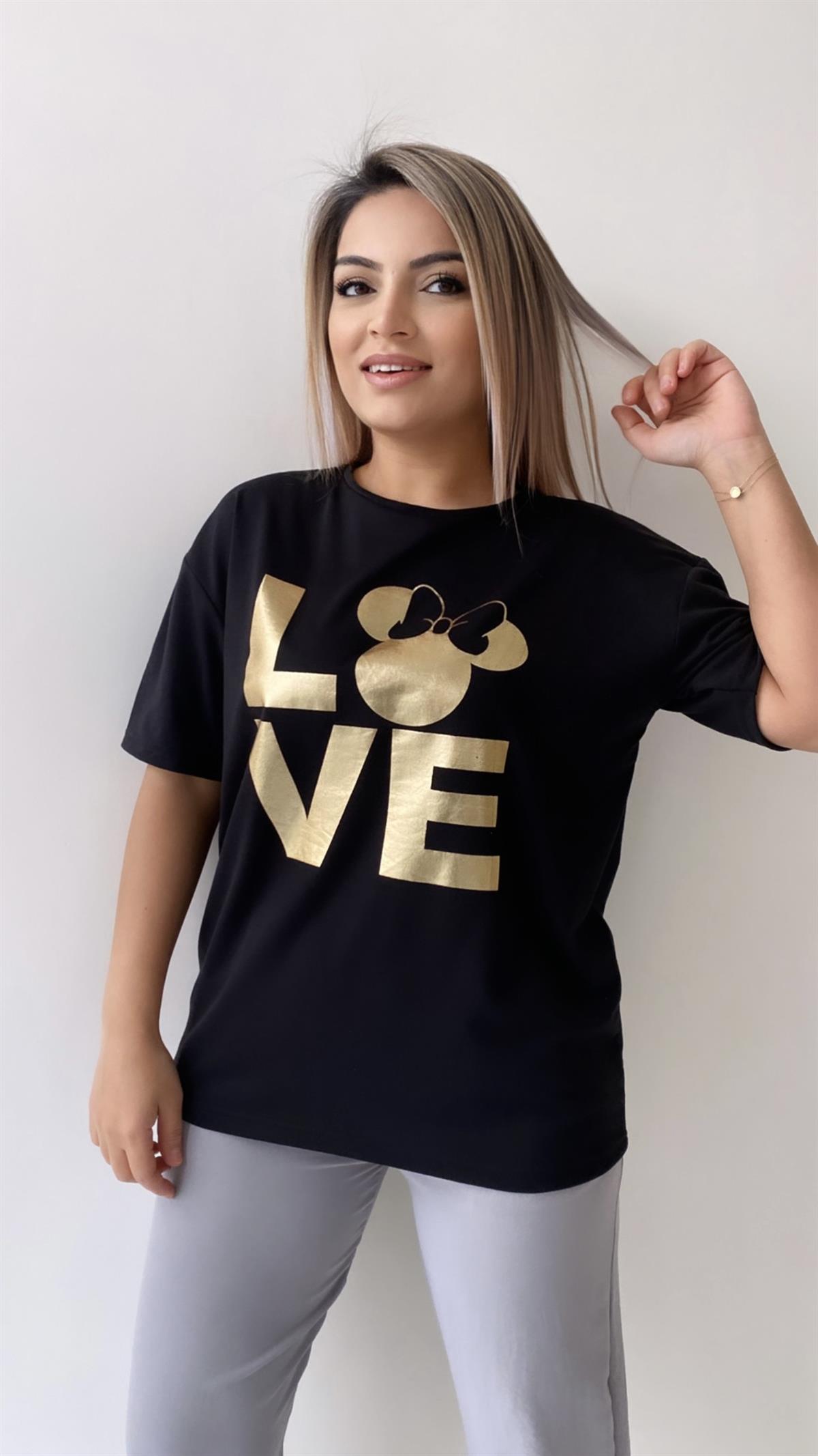 Love Varak Baskılı Tişört Siyah