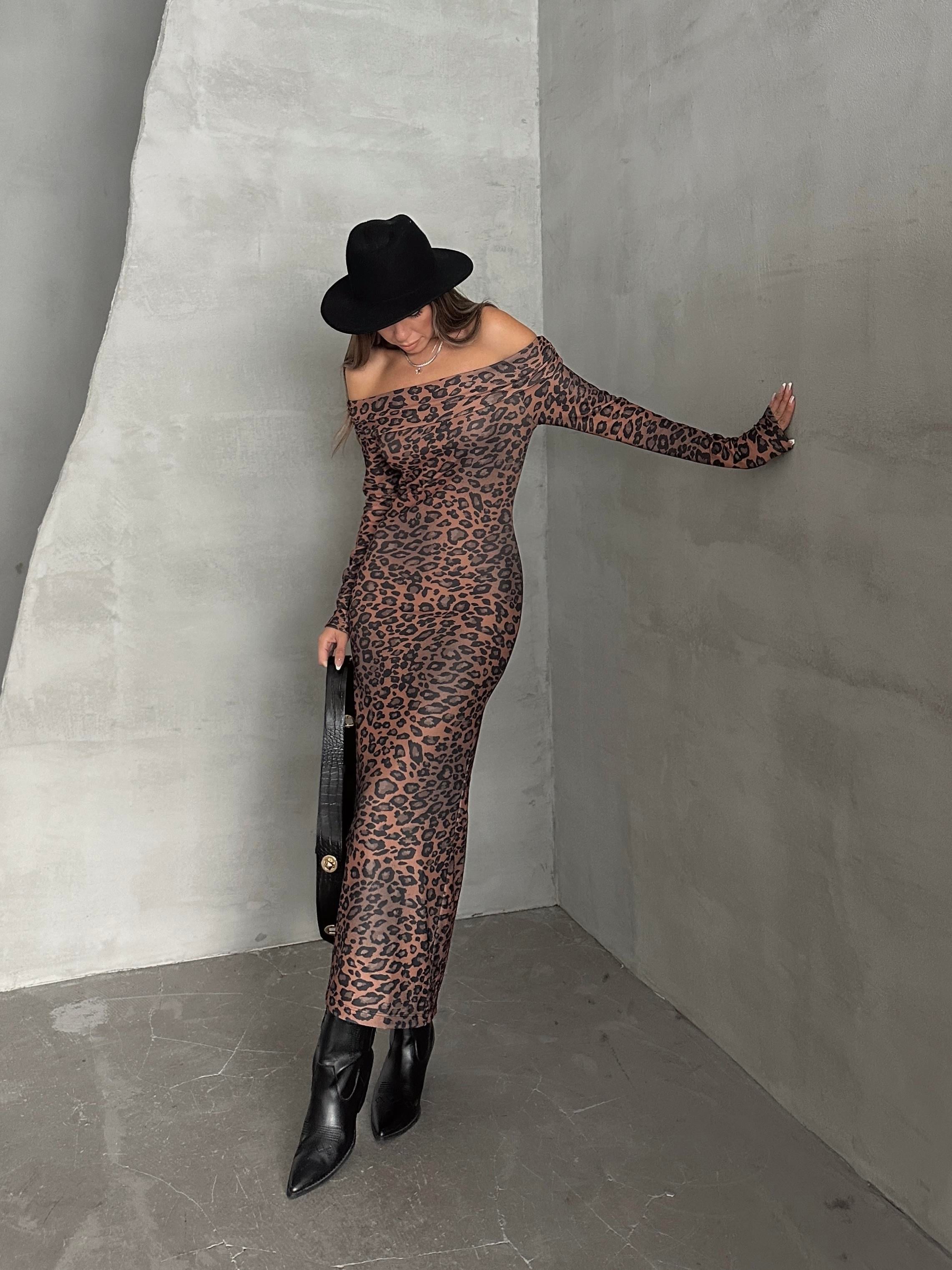 Madonna Yaka Leopar Elbise Kahverengi