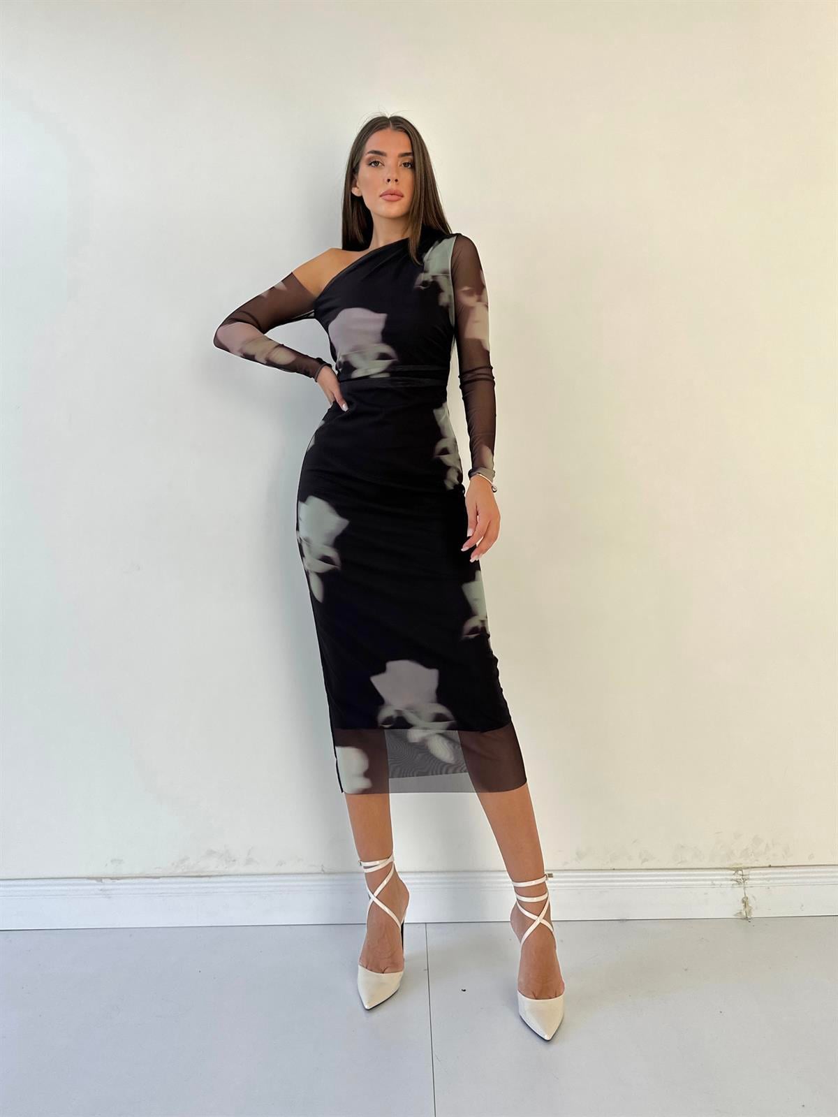 Omuz Detaylı Tül Midi Elbise Kahverengi