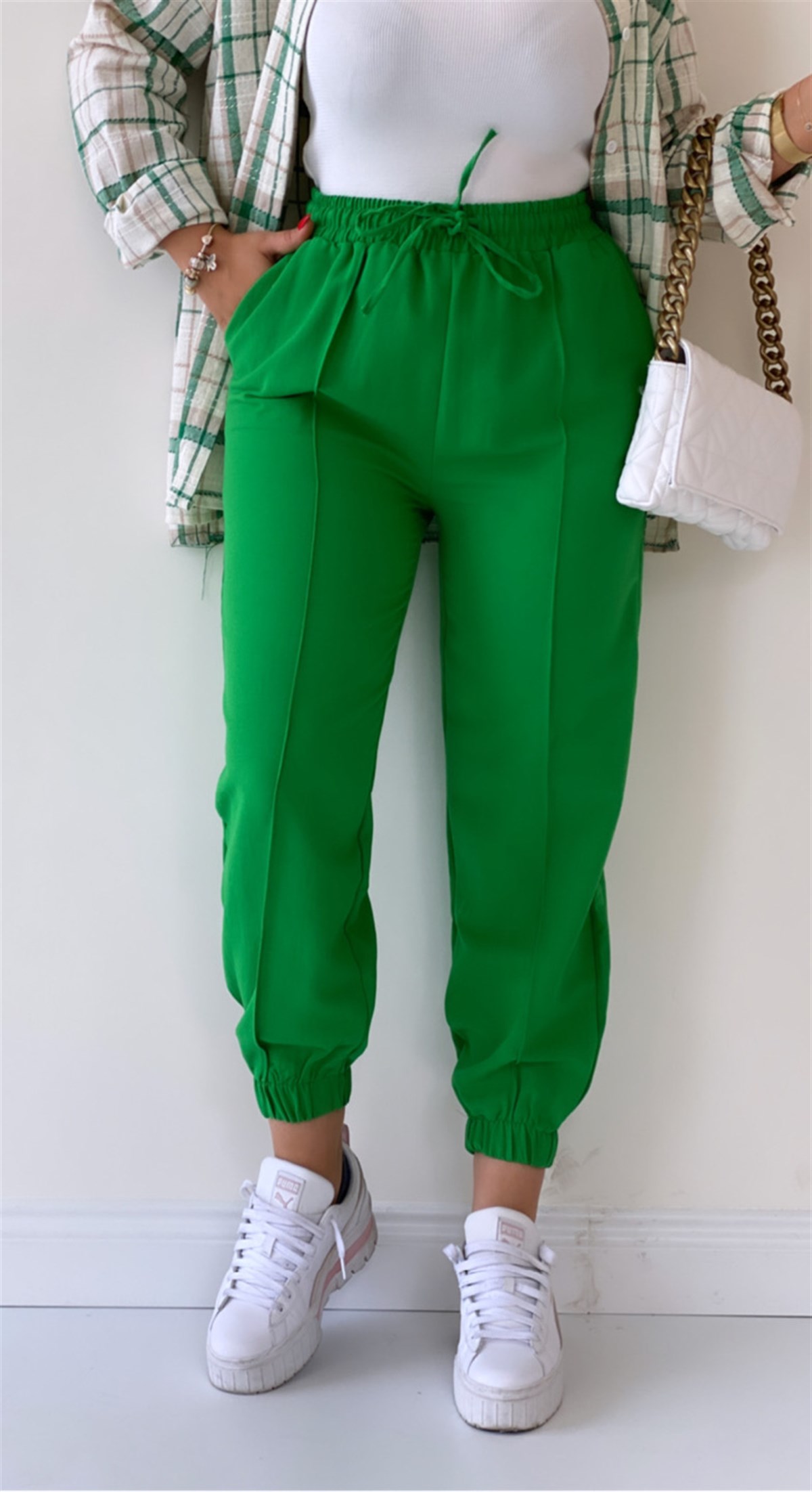 Paçası Lastikli Keten Pantolon Yeşil