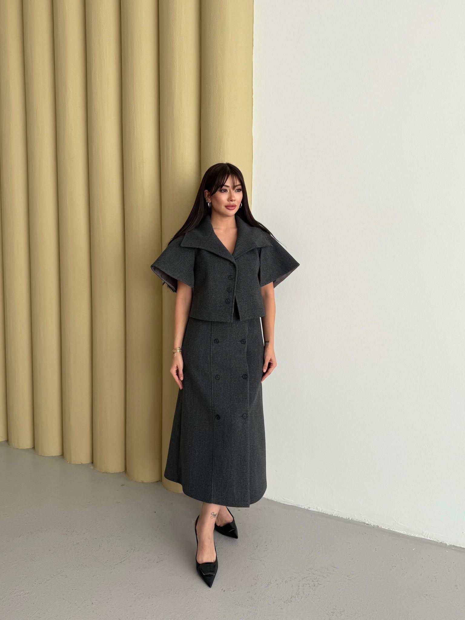 Pelerinli Kaşe Takım Antrasit